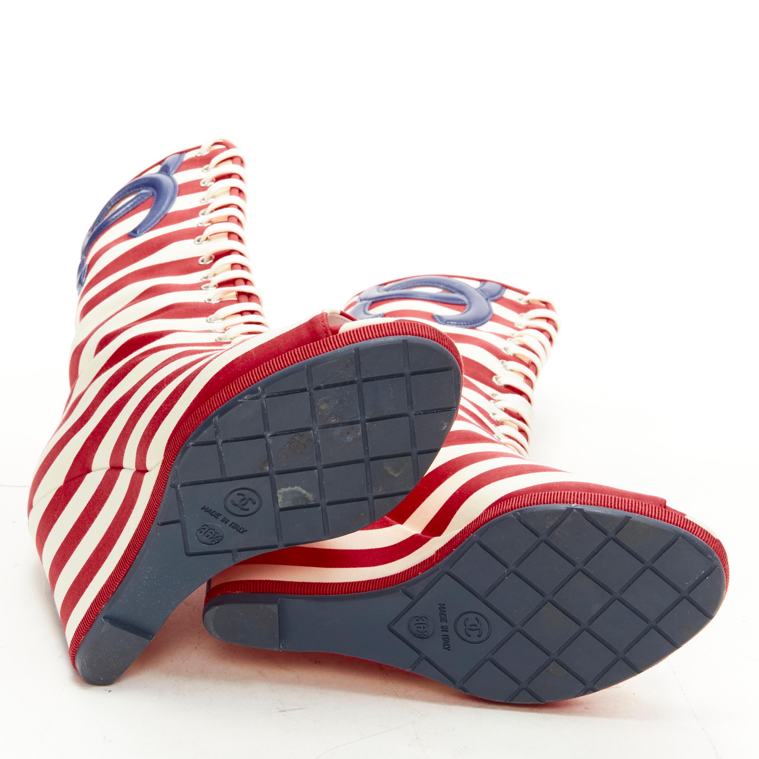 CHANEL 10C red white striped navy CC logo peep toe wedge boot EU36.5 5