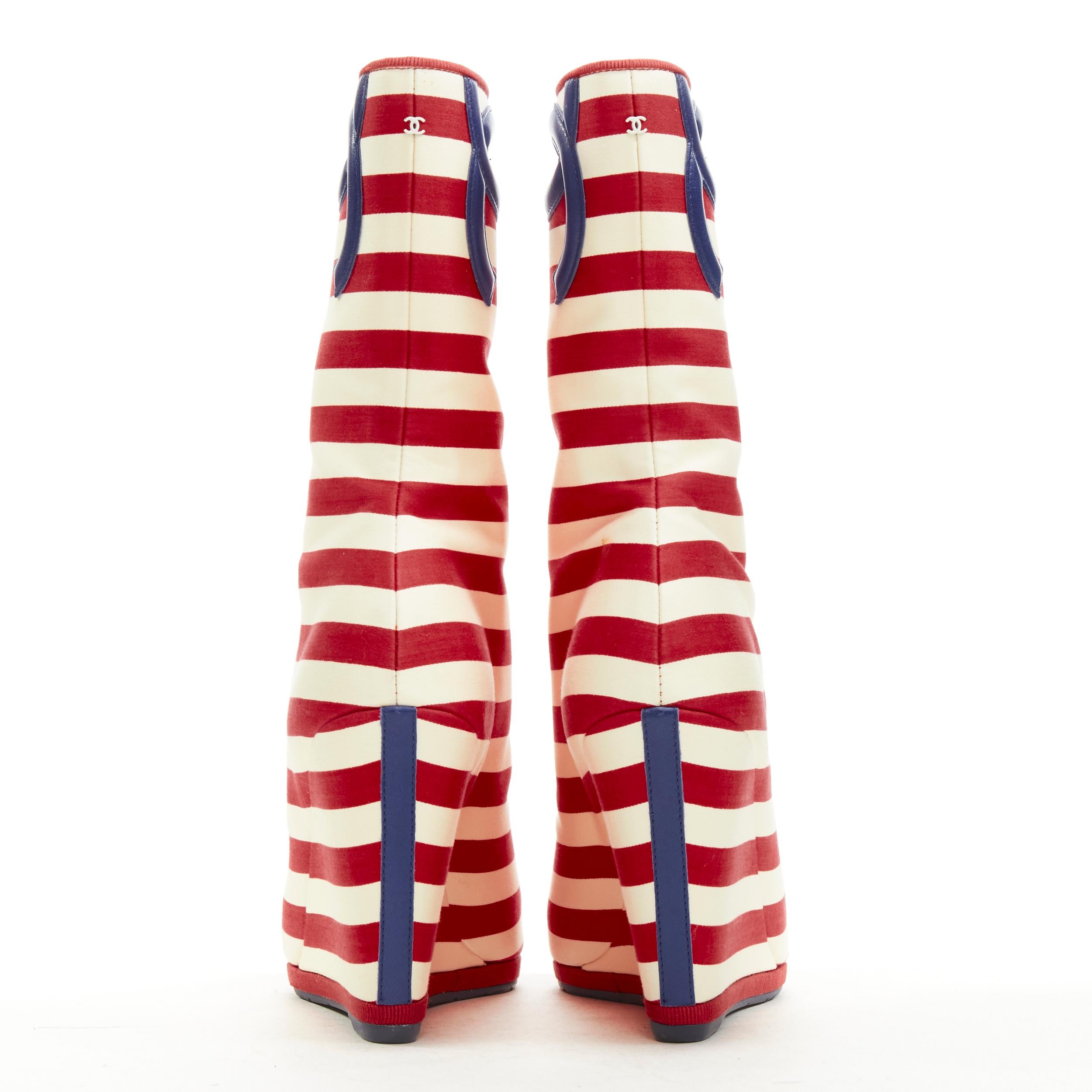 CHANEL 10C red white striped navy CC logo peep toe wedge boot EU36.5 1
