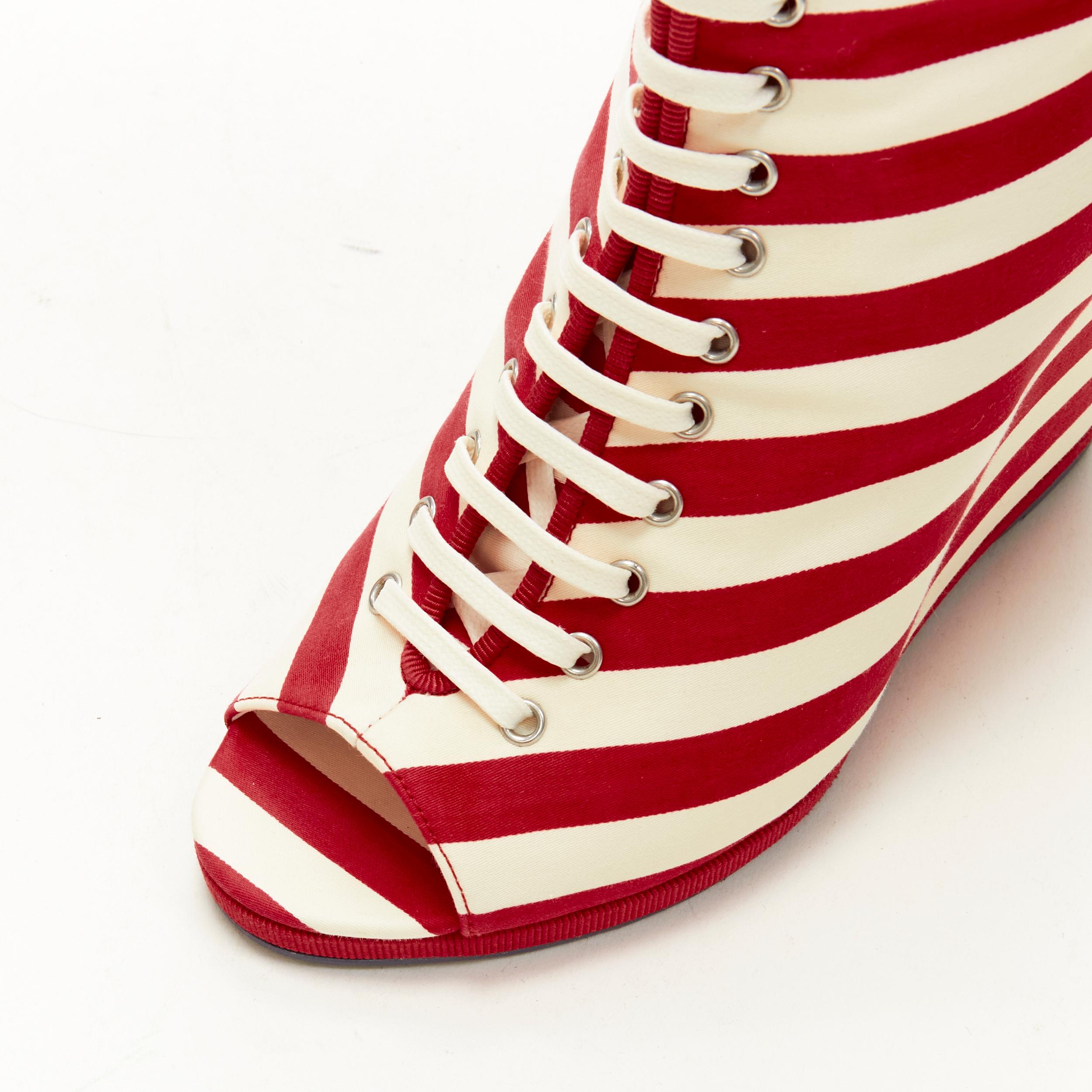 CHANEL 10C red white striped navy CC logo peep toe wedge boot EU36.5 2