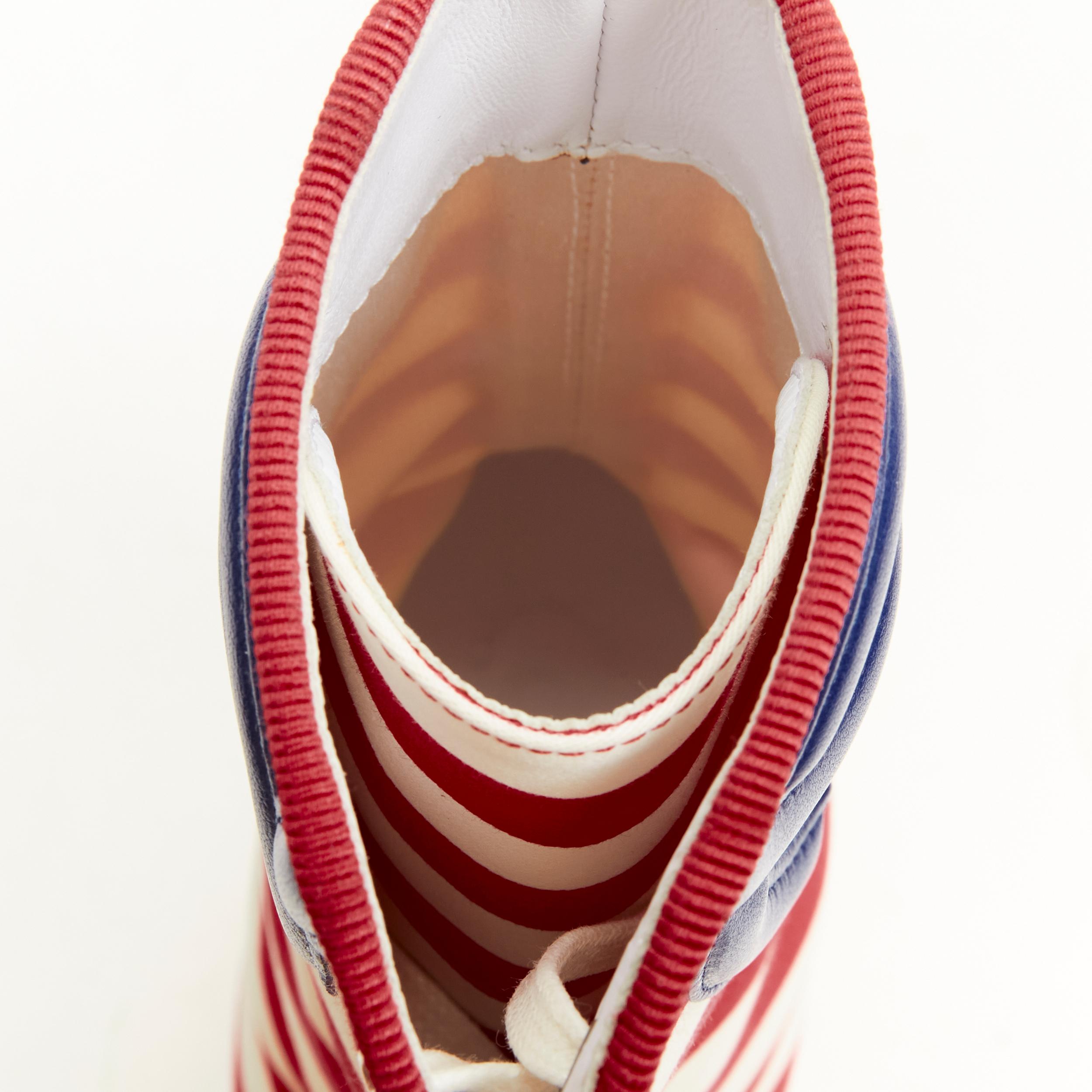 CHANEL 10C red white striped navy CC logo peep toe wedge boot EU36.5 3