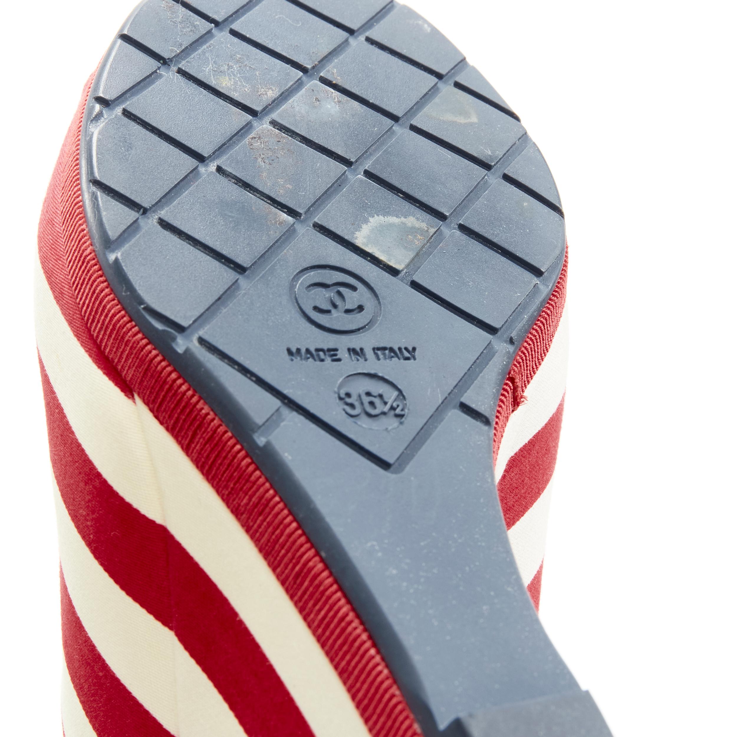 CHANEL 10C red white striped navy CC logo peep toe wedge boot EU36.5 4