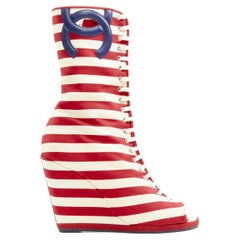 CHANEL 10C red white striped navy CC logo peep toe wedge boot EU36.5