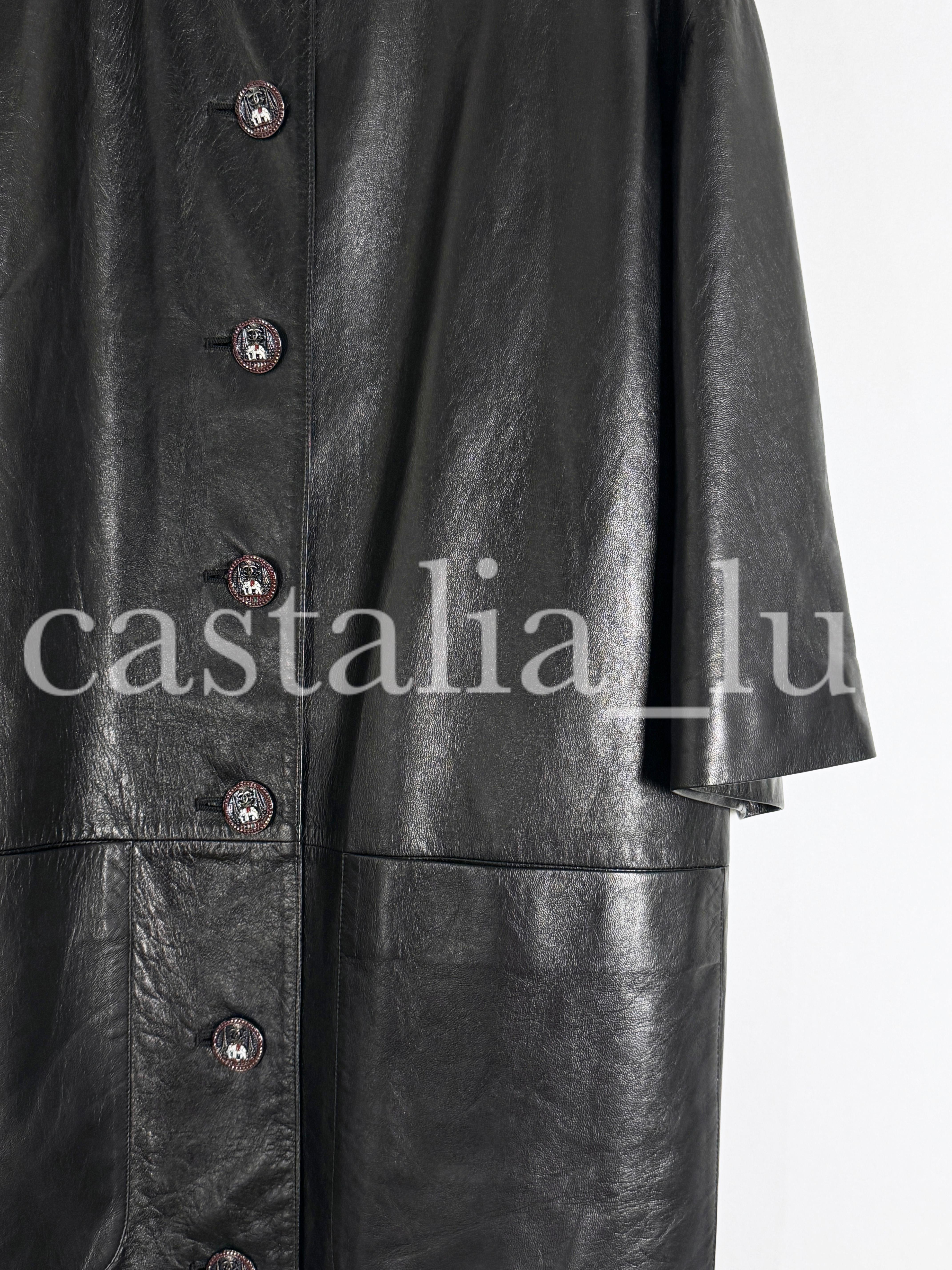 Chanel 10K Black Leather Jacket Coat with CC Jewel Buttons For Sale 6