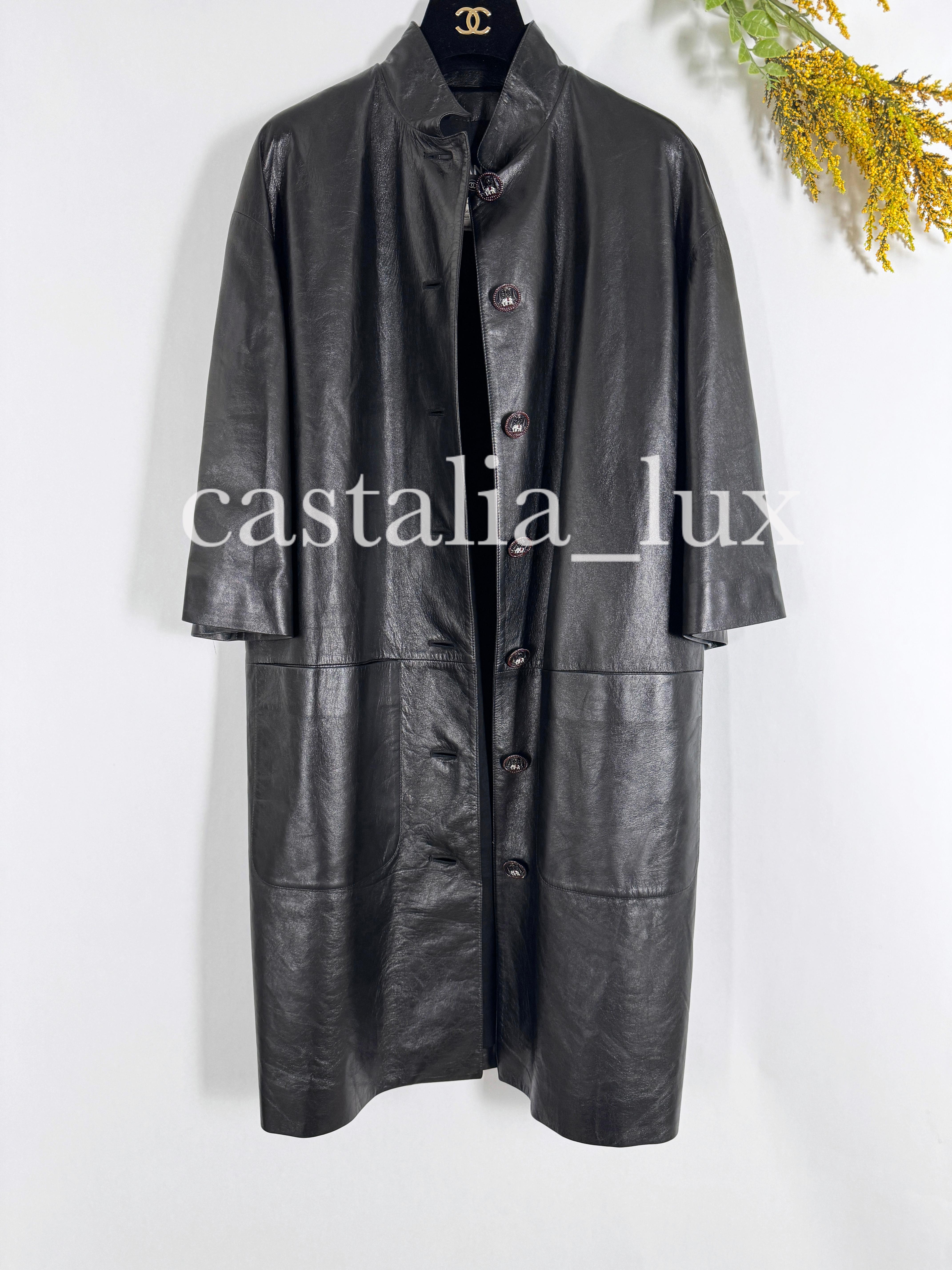 Chanel 10K Black Leather Jacket Coat with CC Jewel Buttons For Sale 7