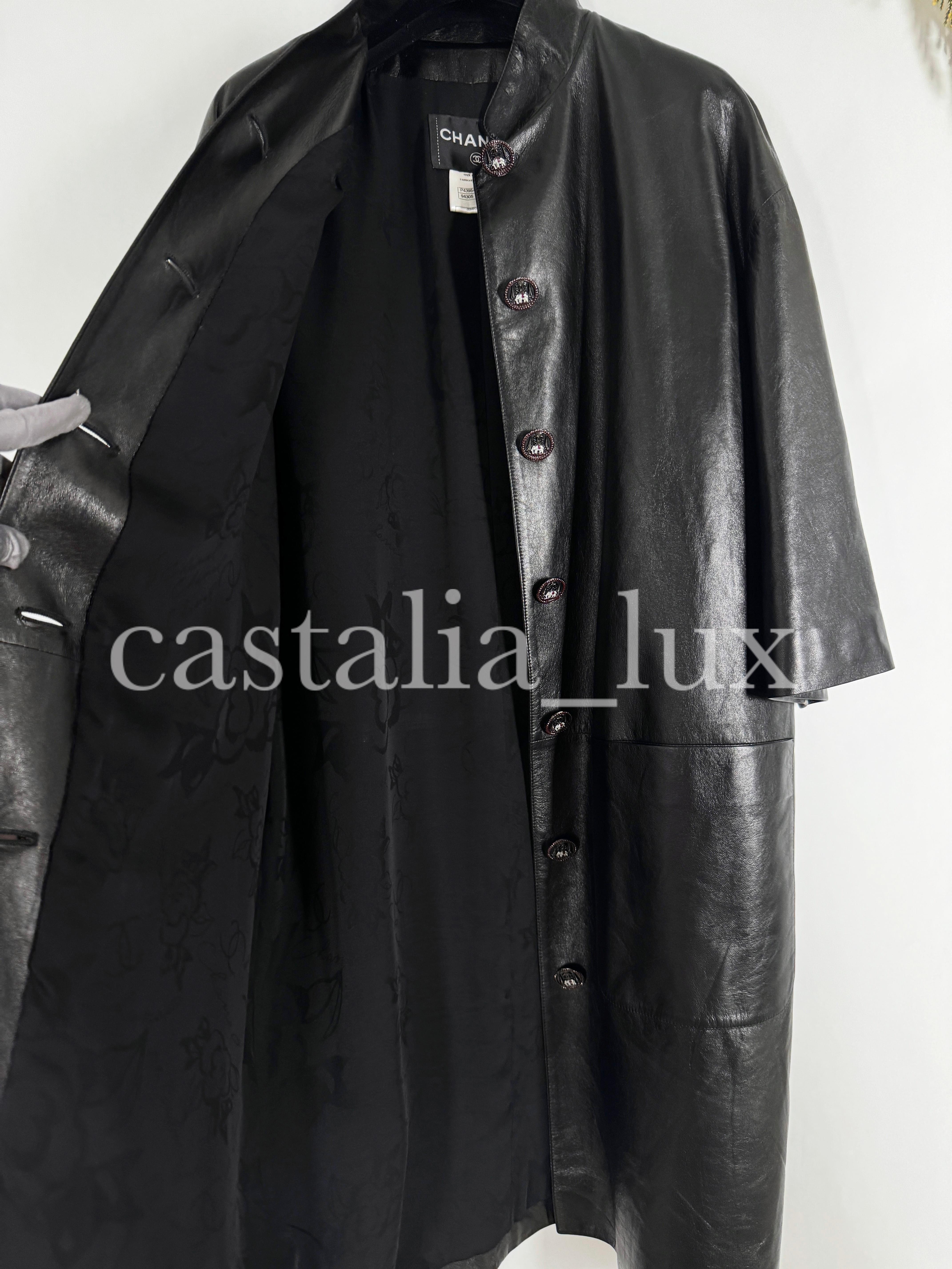 Chanel 10K Black Leather Jacket Coat with CC Jewel Buttons For Sale 8
