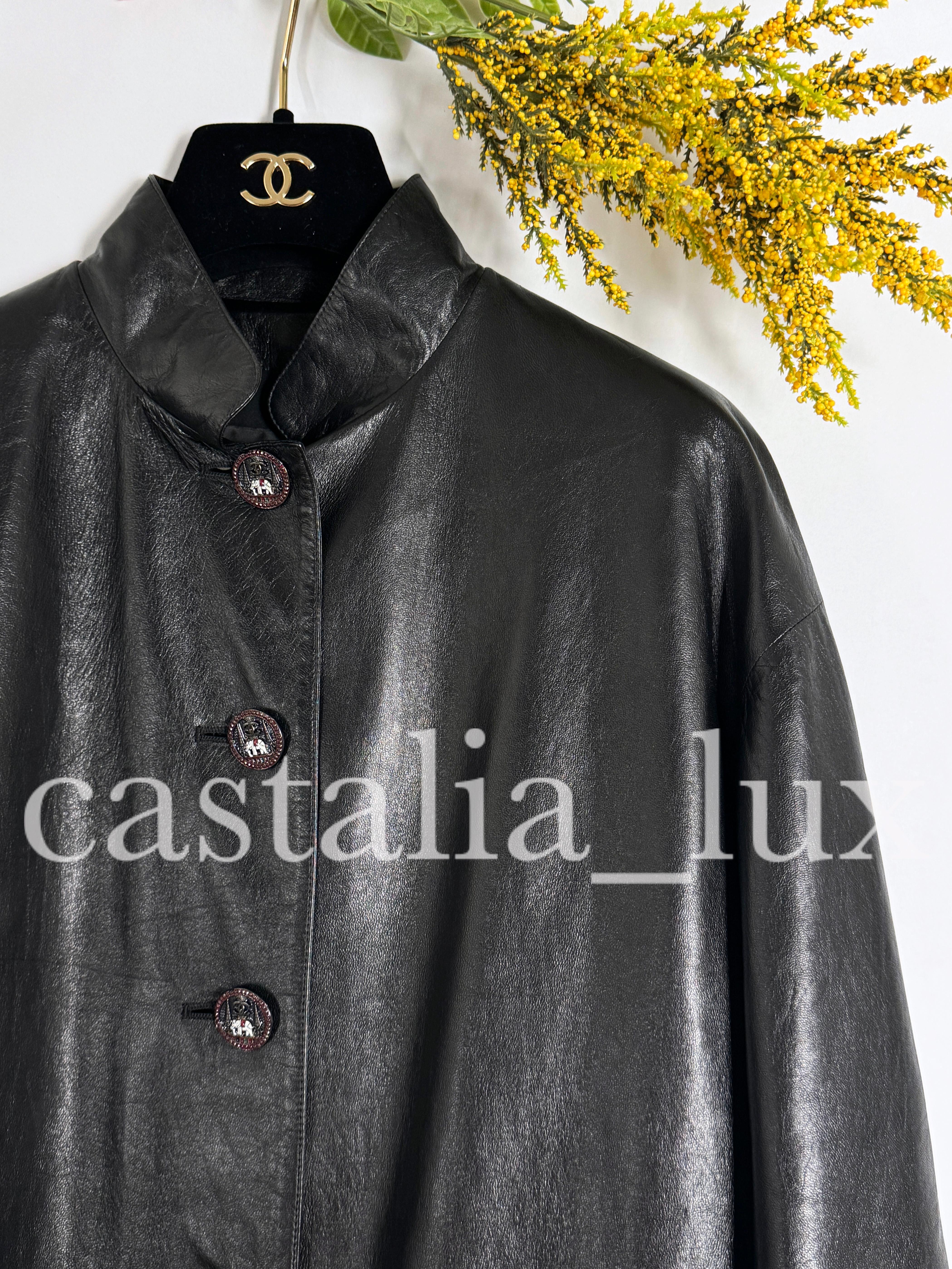 Chanel 10K Black Leather Jacket Coat with CC Jewel Buttons For Sale 1