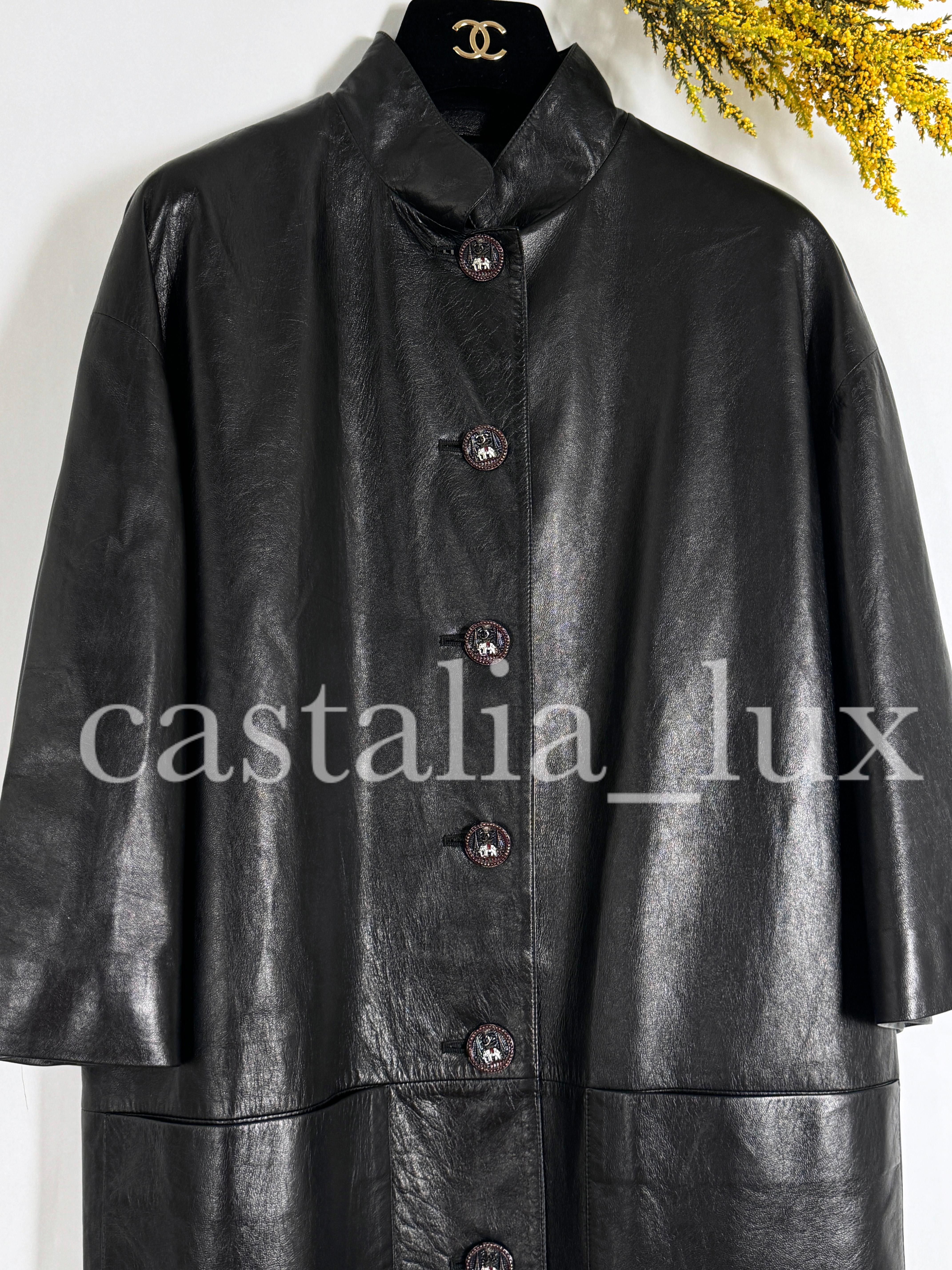 Chanel 10K Black Leather Jacket Coat with CC Jewel Buttons For Sale 4