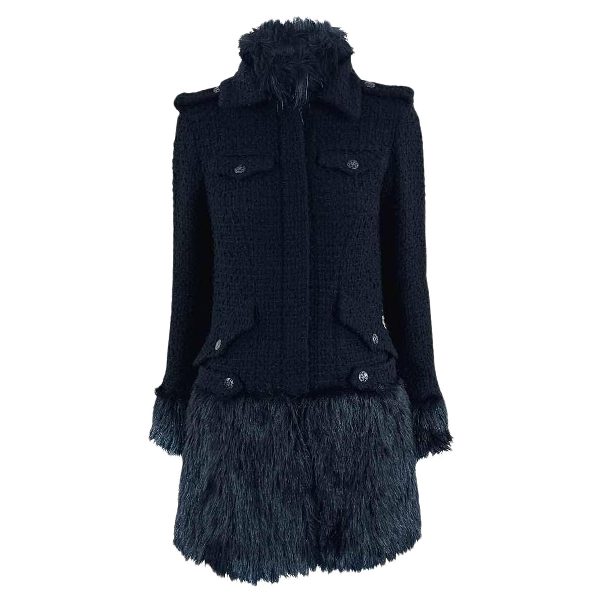 Chanel 12K$ Arctic Ice Black Fluffy Tweed Coat 38 FR For Sale