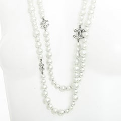 CHANEL 10P crystal 6 CC station classic white faux pearl sautoir long necklace