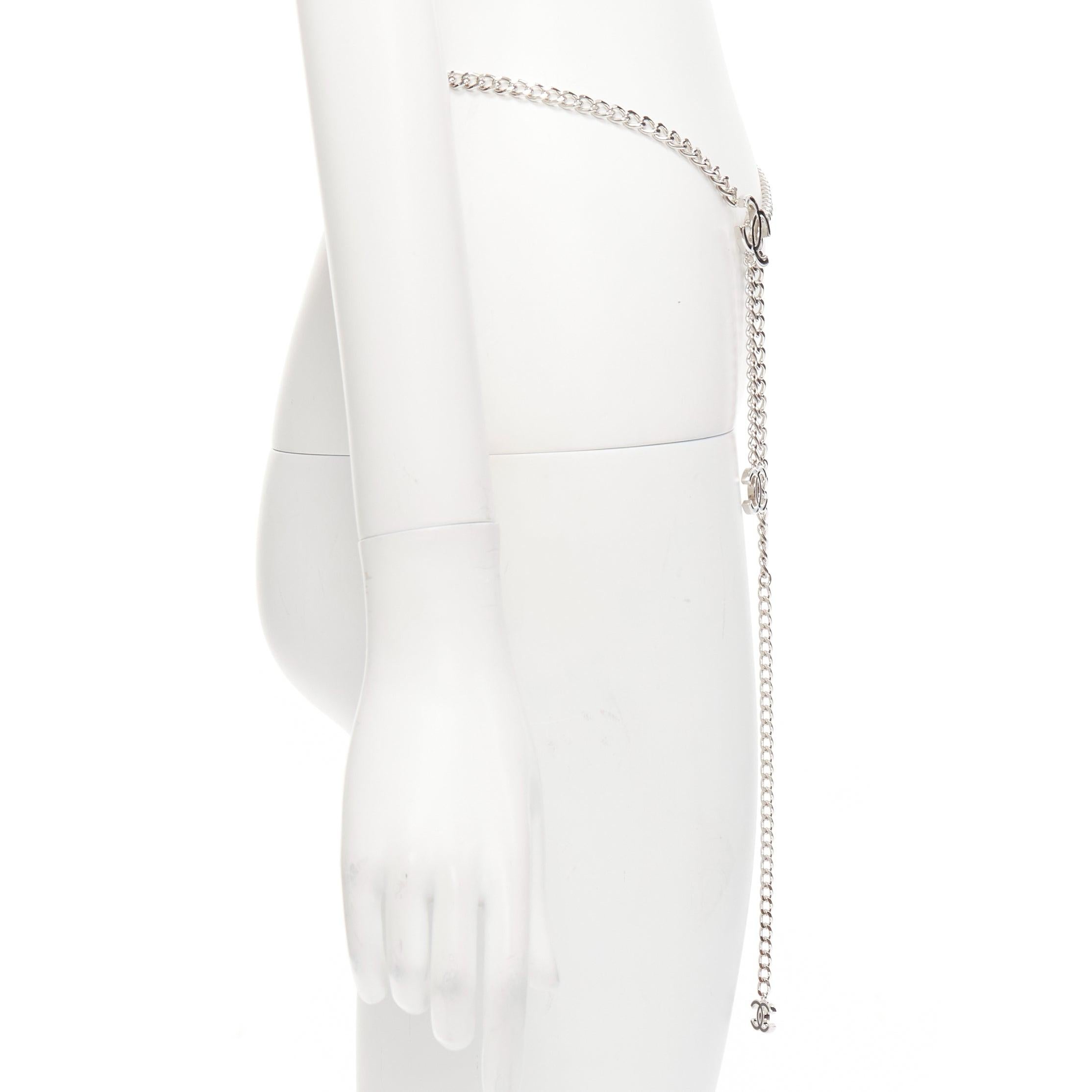 Women's CHANEL 10V black CC silver chain 3 charms hanging chain waist belt