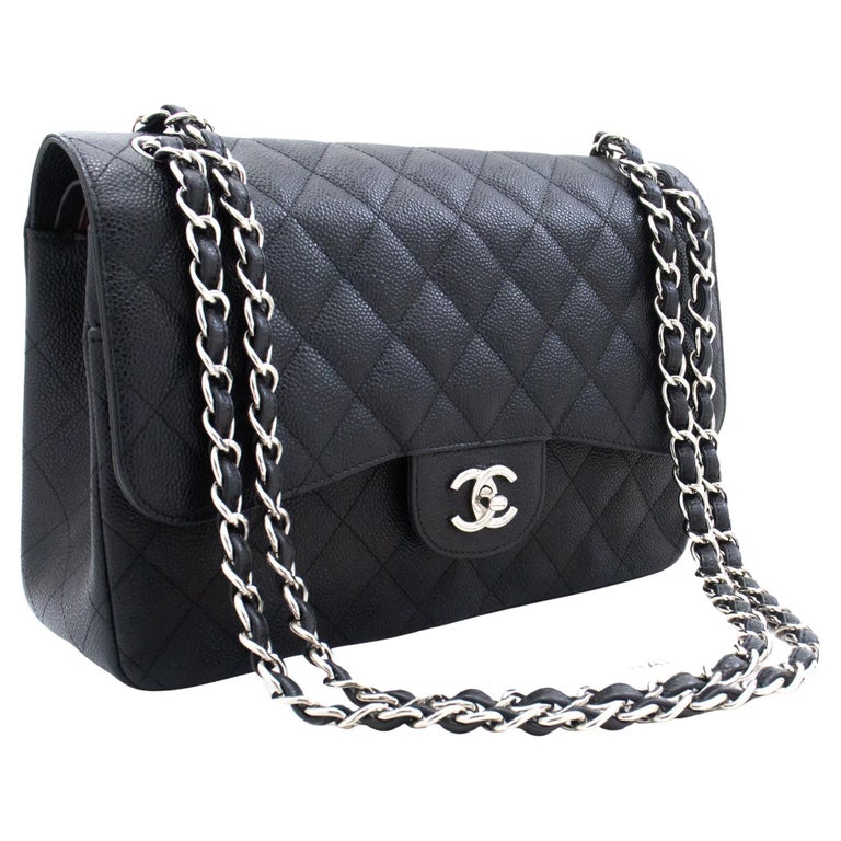 CHANEL 11 Large Grained Calfskin Double Chain Flap Shoulder Bag For Sale  at 1stDibs