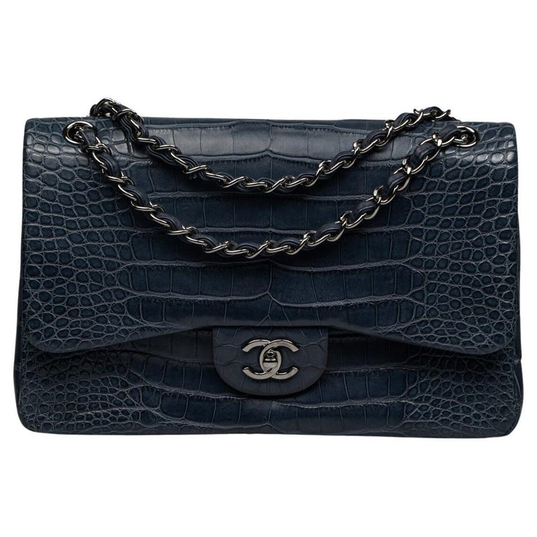 Chanel Blue Classic Jumbo Alligator Double Flap Bag