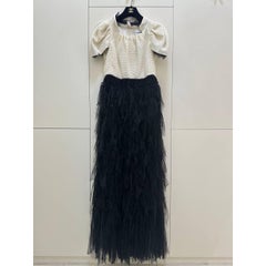 Chanel 11A Black White Feather Maxi Dress Size 38 with Puff Sleeves