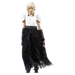 Chanel 11A Black White Feather Maxi Dress Size 38 with Puff Sleeves