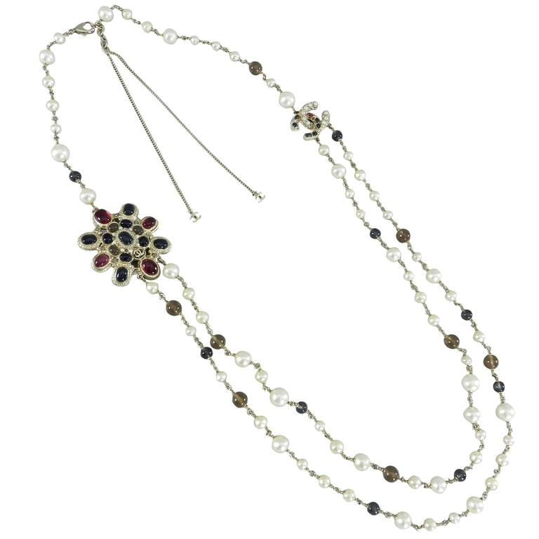 Chanel 11A Byzantine Collection Red Gripoix Glass and Pearl Double Necklace