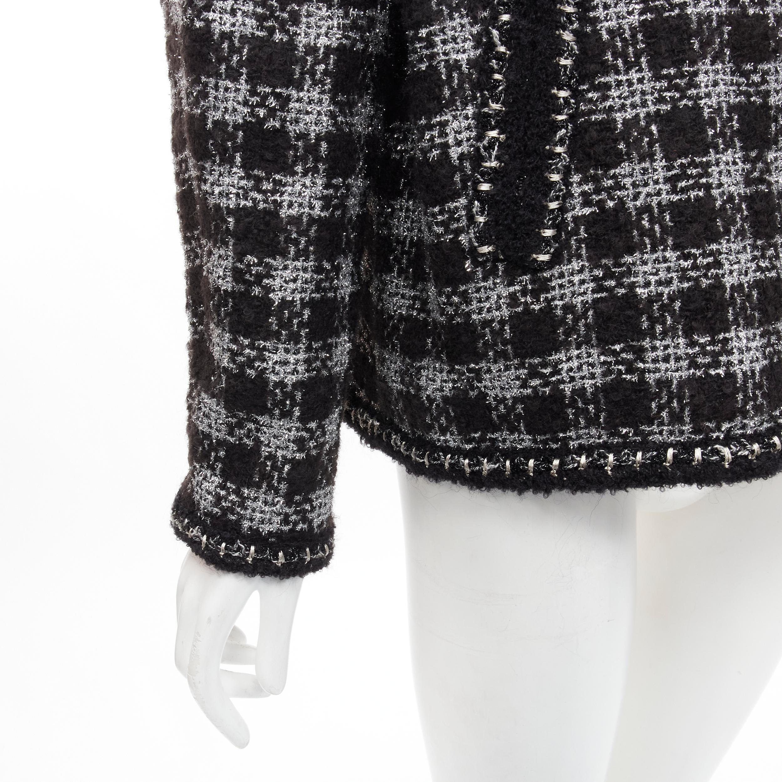 CHANEL 11A Fantasy Tweed black silver checkered asymmetric collar jacket FR44 XL For Sale 7