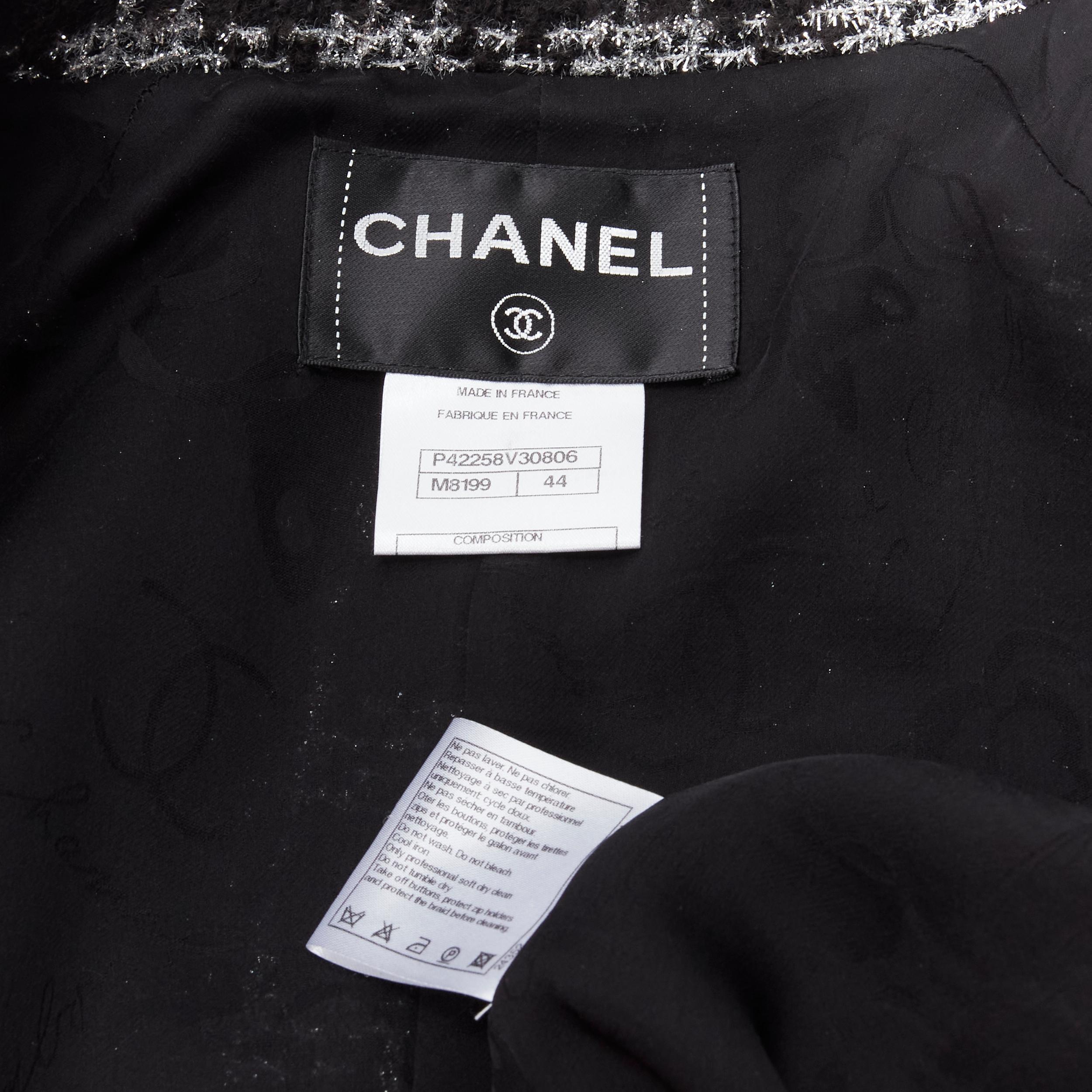 CHANEL 11A Fantasy Tweed black silver checkered asymmetric collar jacket FR44 XL For Sale 8