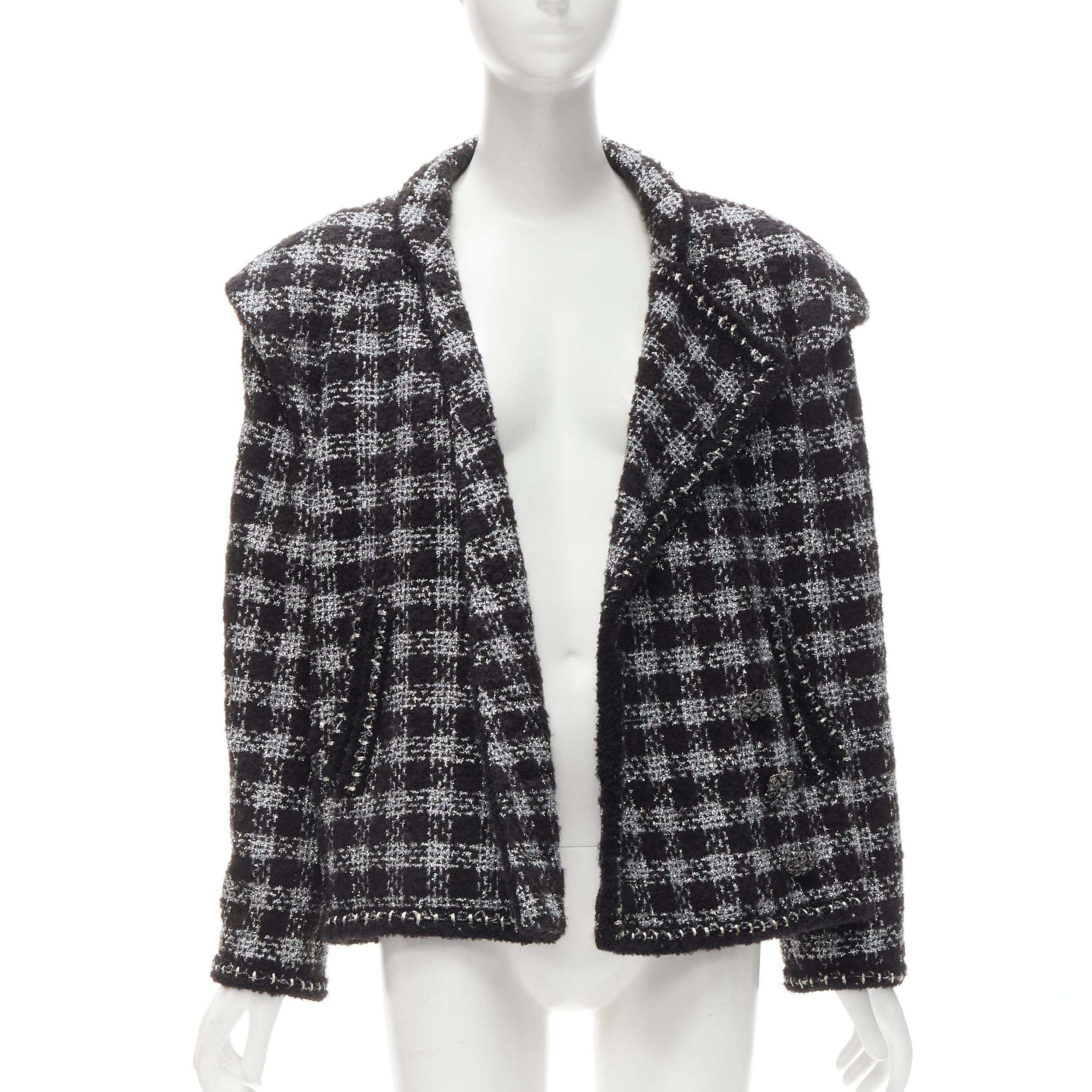 CHANEL 11A Fantasy Tweed black silver checkered asymmetric collar jacket FR44 XL In Excellent Condition For Sale In Hong Kong, NT