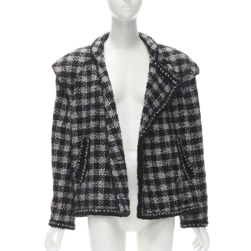Nero CHANEL 11A Fantasy Tweed nero argento a quadri con collo asimmetrico FR44 XL in vendita