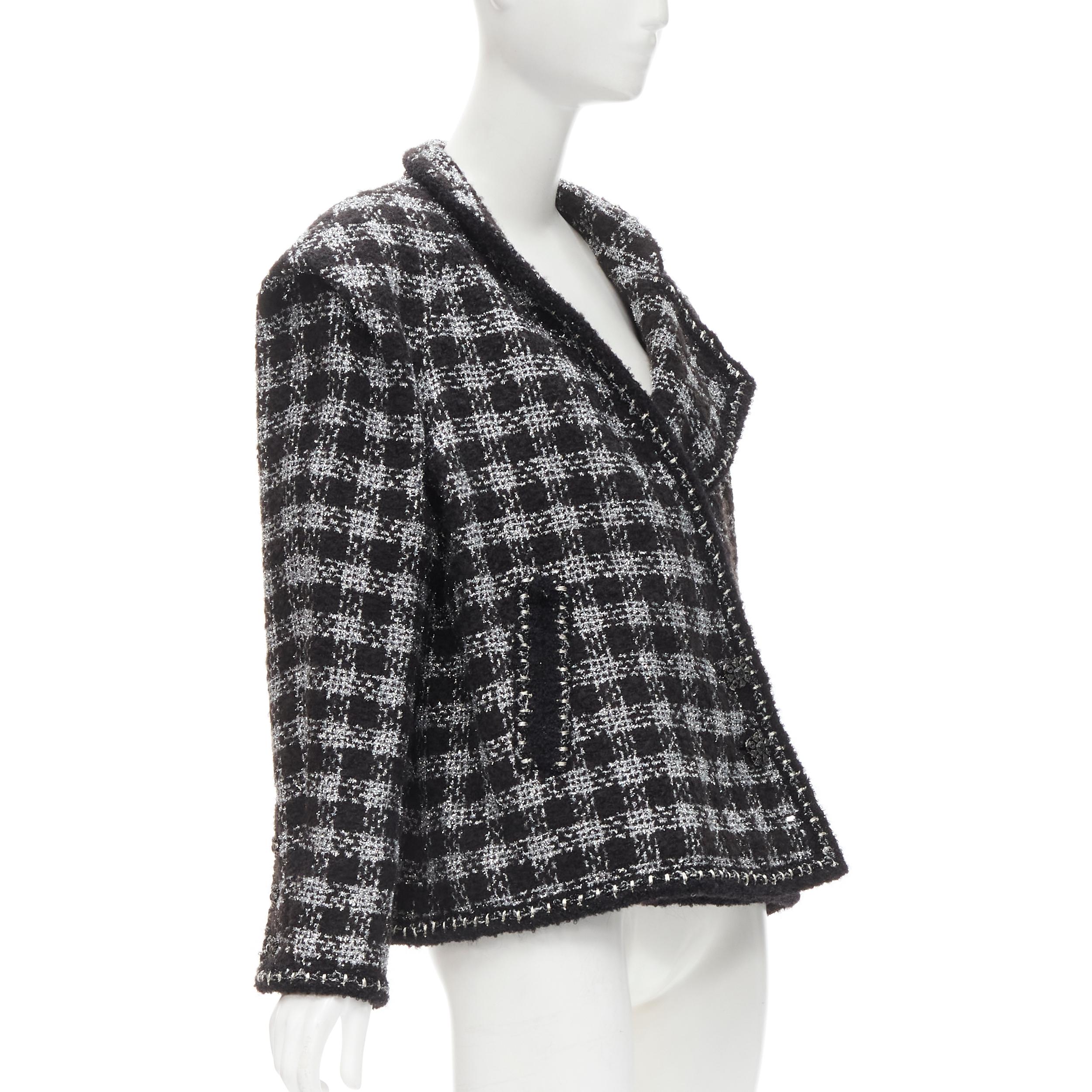 Women's CHANEL 11A Fantasy Tweed black silver checkered asymmetric collar jacket FR44 XL For Sale