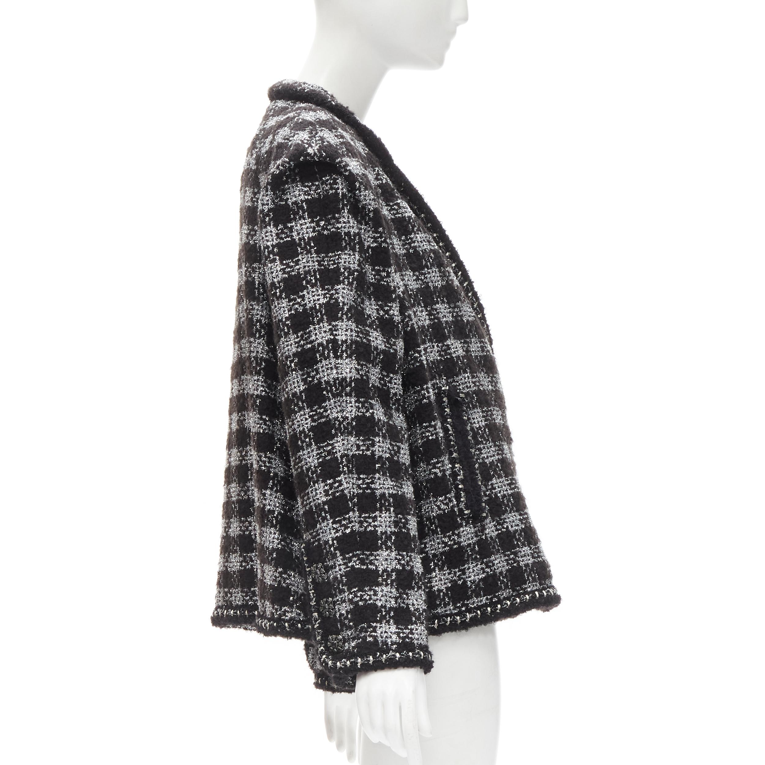 CHANEL 11A Fantasy Tweed black silver checkered asymmetric collar jacket FR44 XL For Sale 1