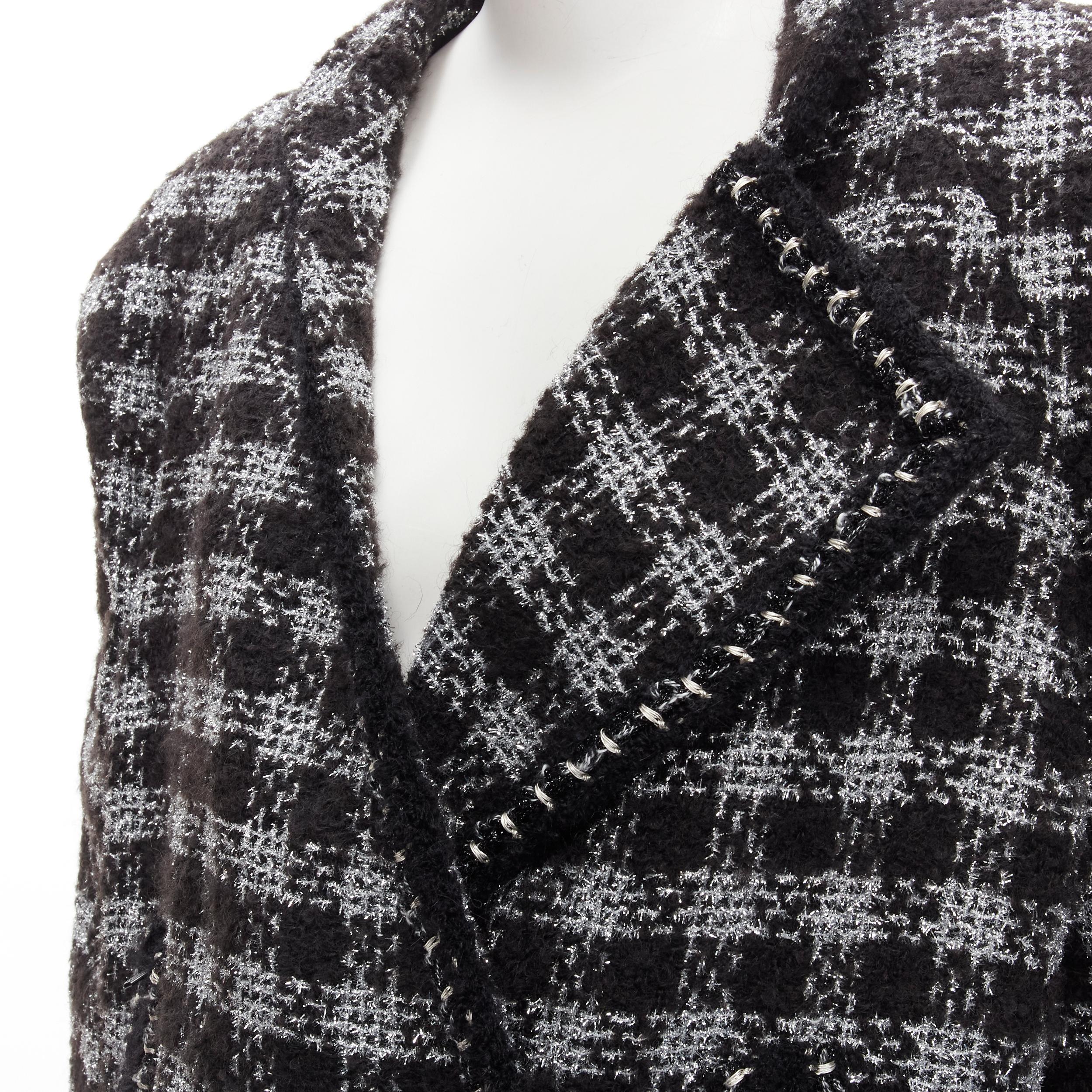 CHANEL 11A Fantasy Tweed black silver checkered asymmetric collar jacket FR44 XL For Sale 3