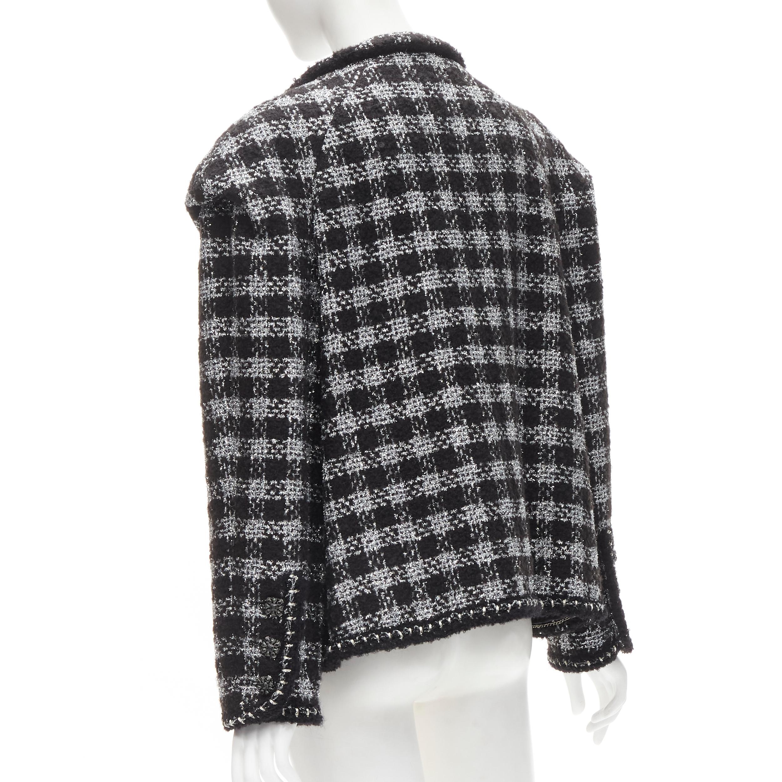 CHANEL 11A Fantasy Tweed black silver checkered asymmetric collar jacket FR44 XL For Sale 4