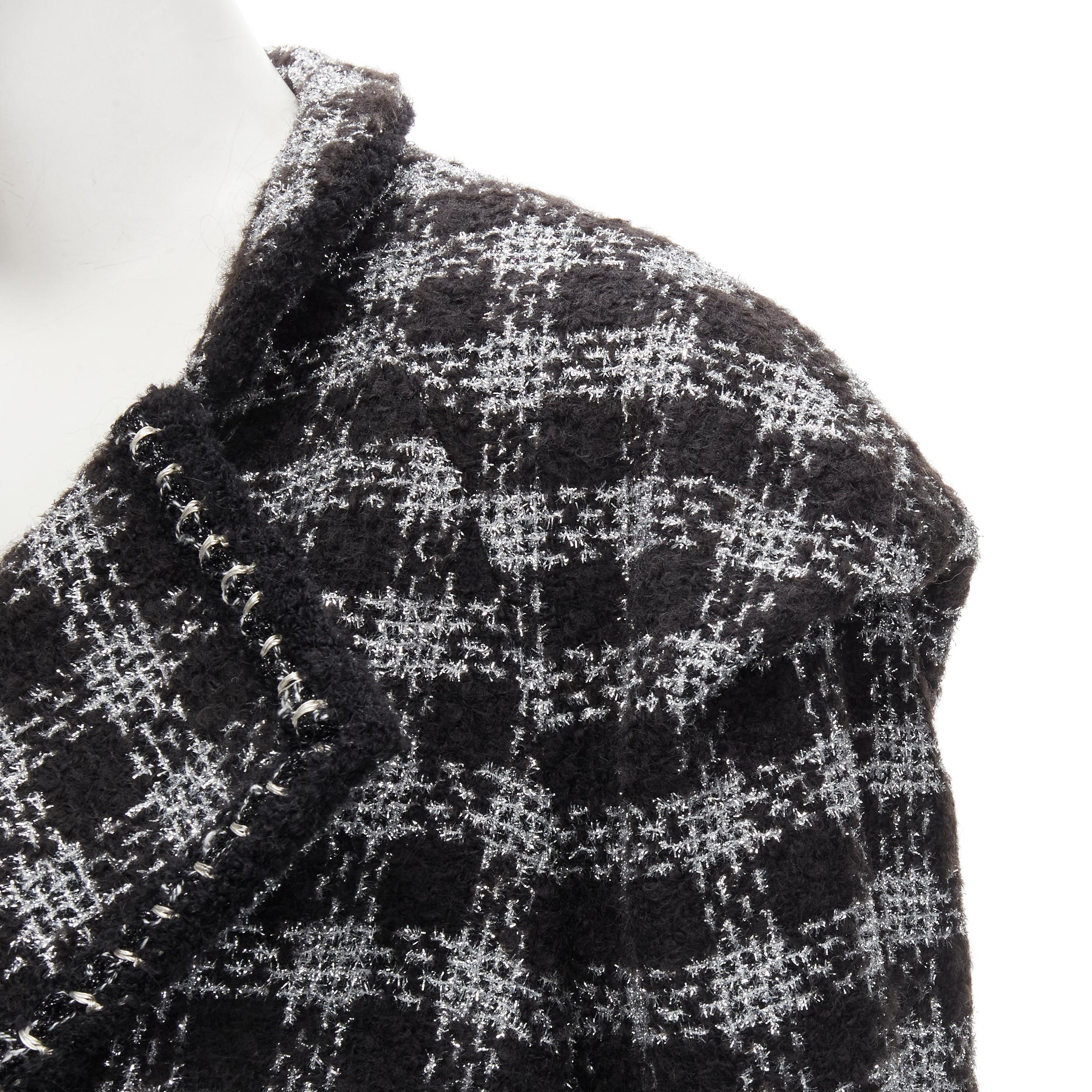 CHANEL 11A Fantasy Tweed black silver checkered asymmetric collar jacket FR44 XL For Sale 5