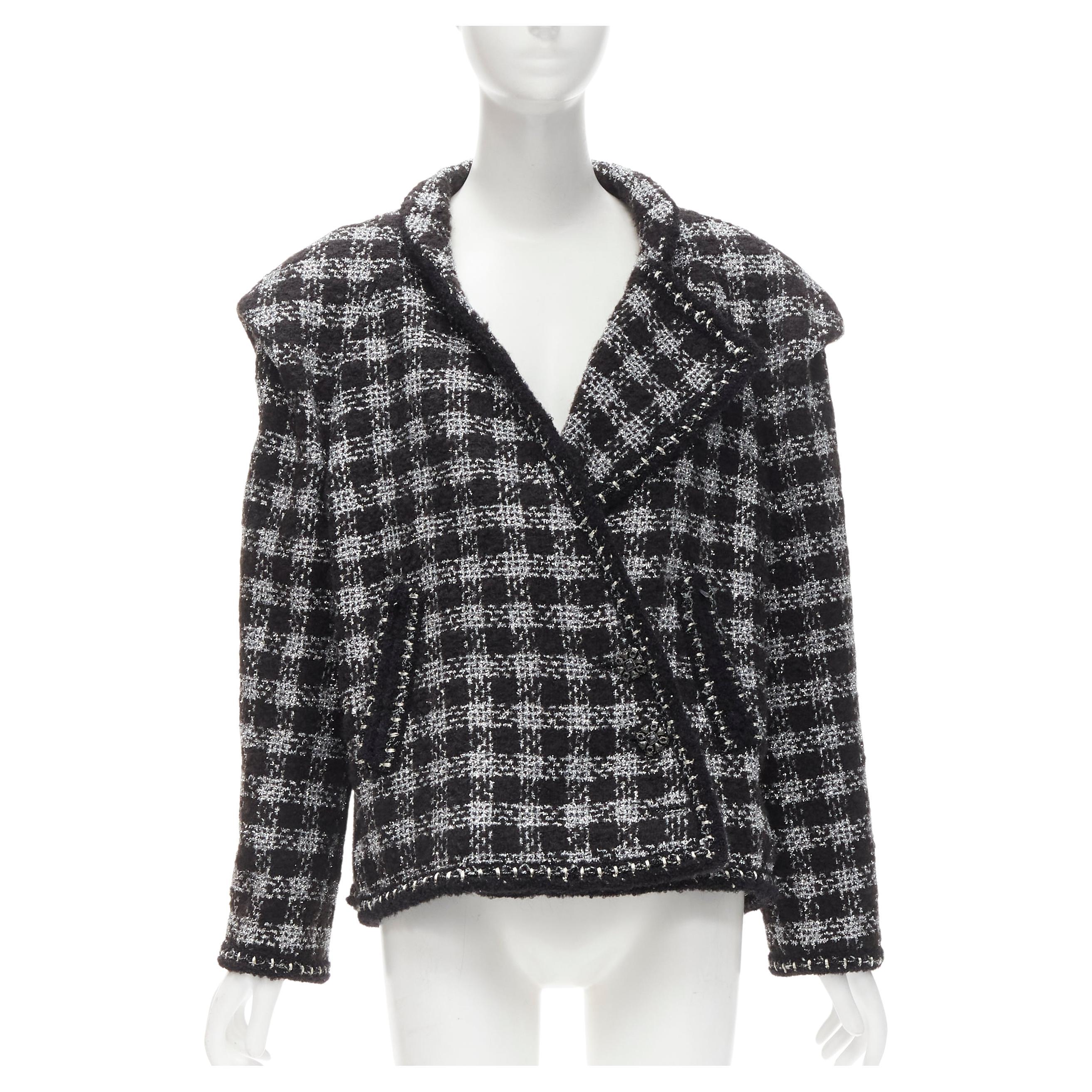 CHANEL 11A Fantasy Tweed black silver checkered asymmetric collar jacket FR44 XL For Sale