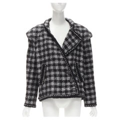 CHANEL 11A Fantasy Tweed-Jacke mit asymmetrischem Kragen aus schwarzem und silbernem Karton FR44 XL