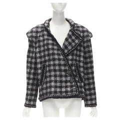 CHANEL 11A Fantasy Tweed black silver checkered asymmetric collar jacket FR44 XL