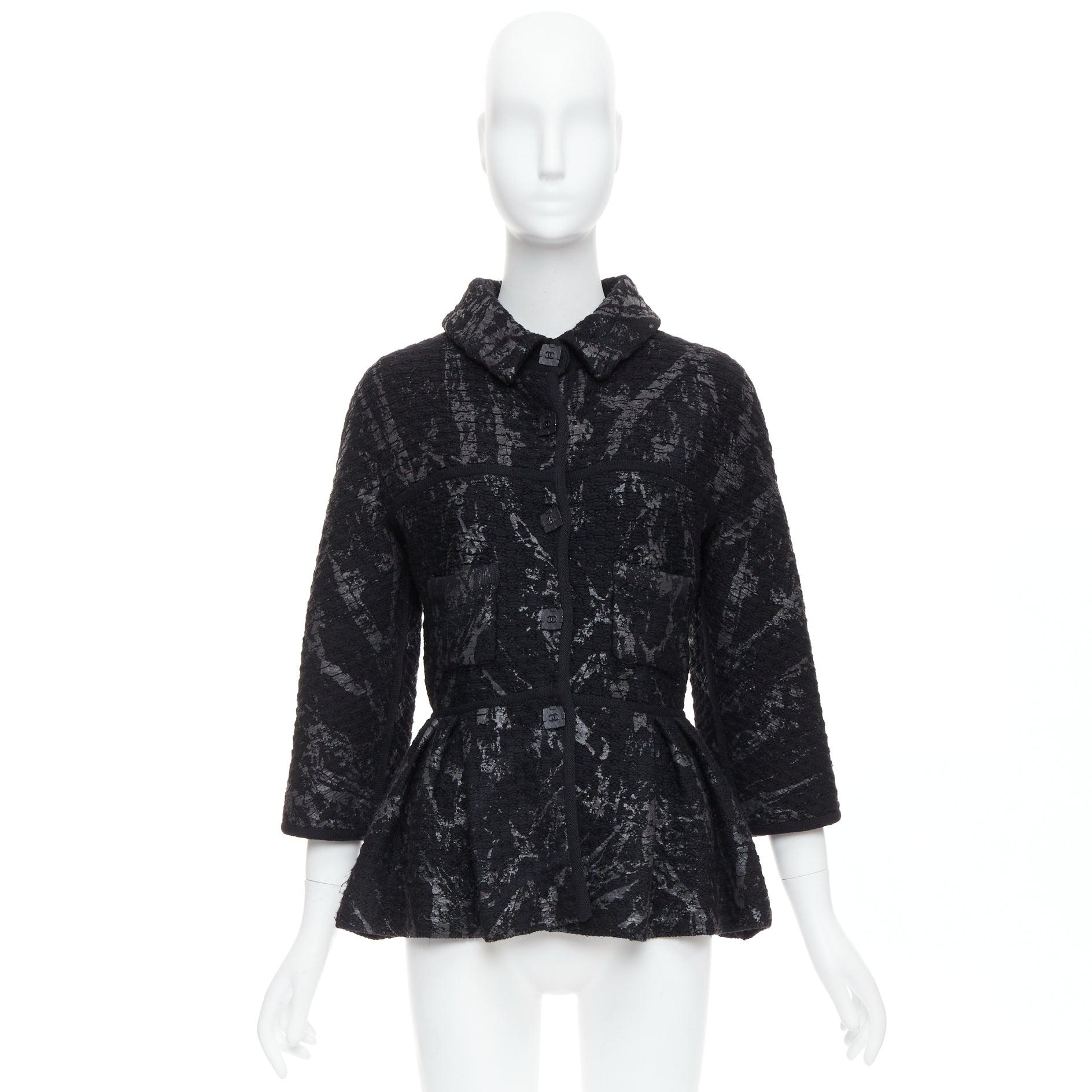 CHANEL 11A grau schwarz-schwarz lackiert Tweed CC quadratische Knöpfe peplum-Mantel FR38 M im Angebot 5