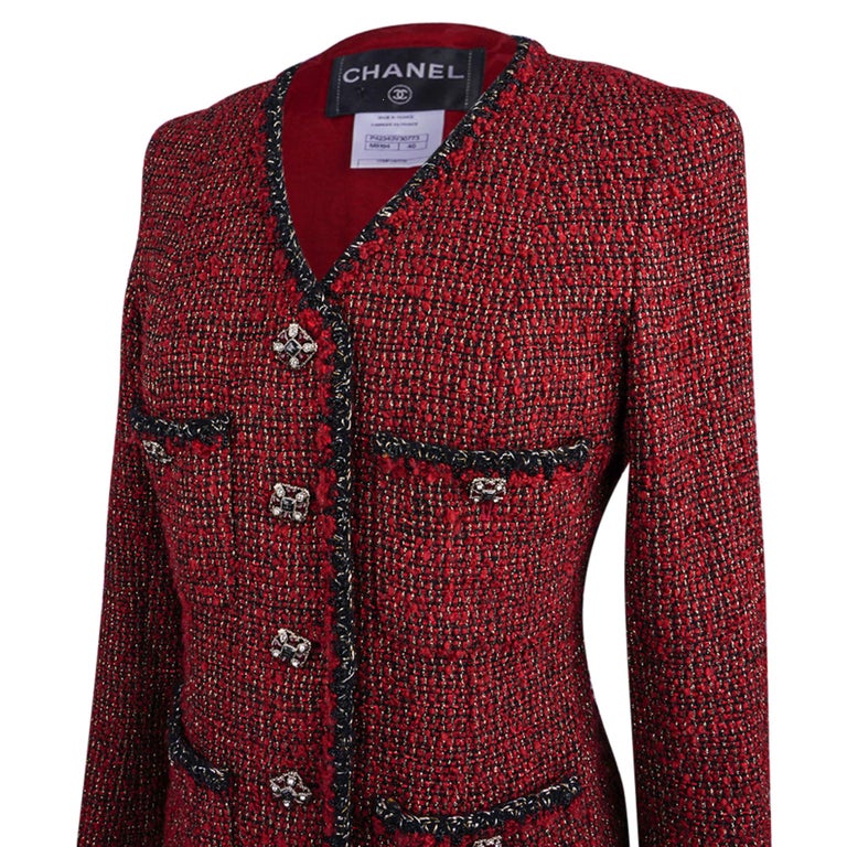 Chanel Black Tweed Jacket with Antique Gold CC Logo Button and Red