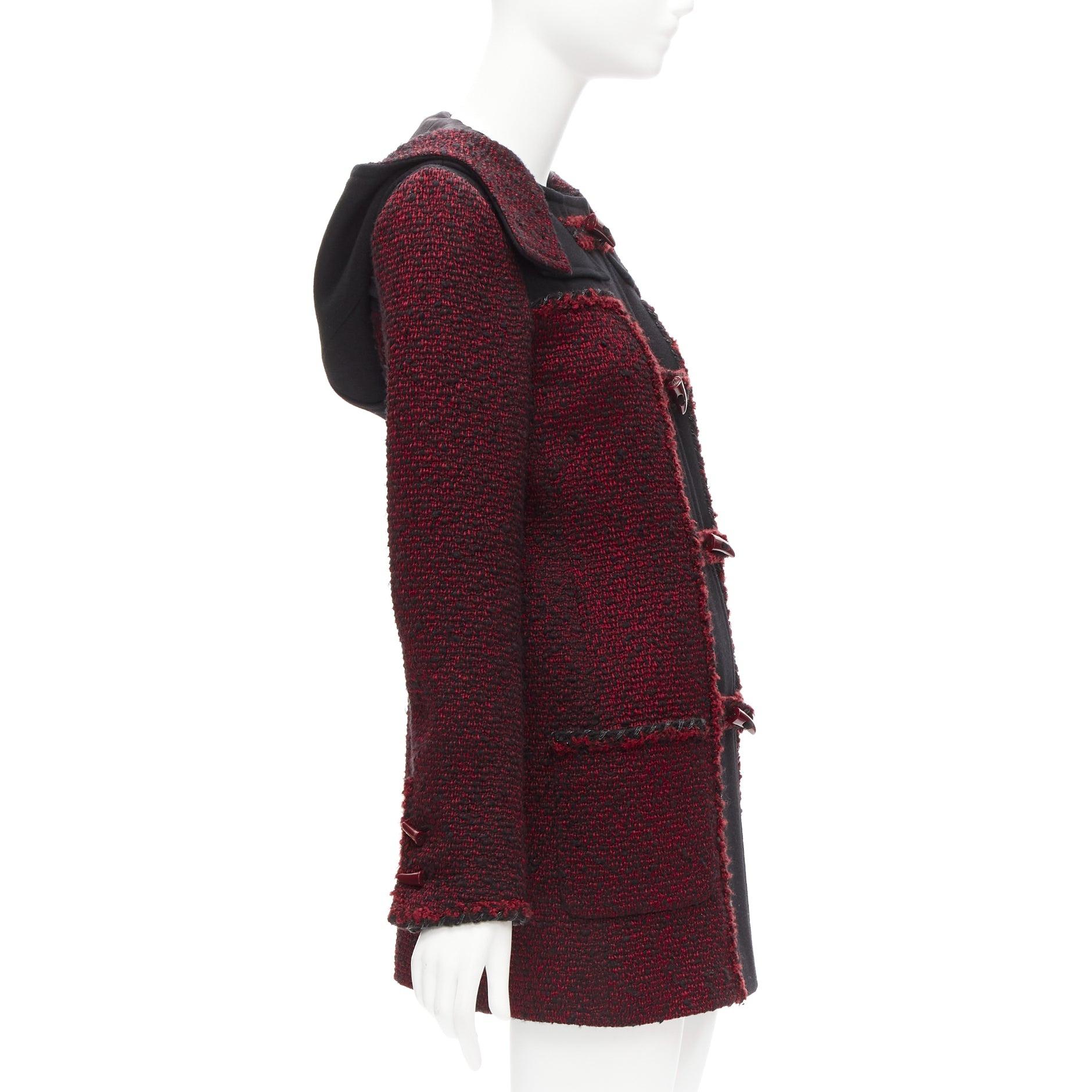 Women's CHANEL 11A Runway red black wool tweed CC logo toggle button duffel coat FR36 S For Sale