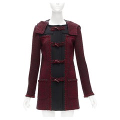CHANEL 11A Runway red black wool tweed CC logo toggle button duffel coat FR36 S