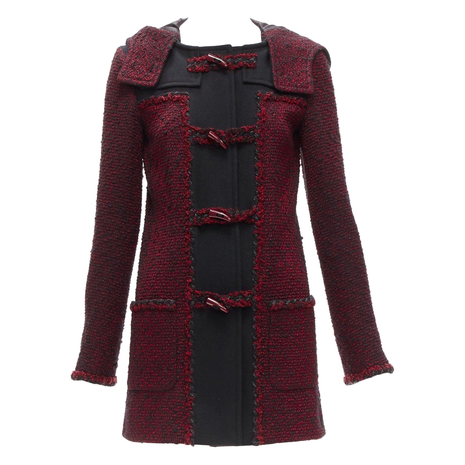 CHANEL 11A Runway red black wool tweed CC logo toggle button duffel coat FR36 S