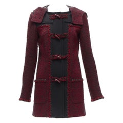 CHANEL 11A Runway red black wool tweed CC logo toggle button duffel coat FR36 S