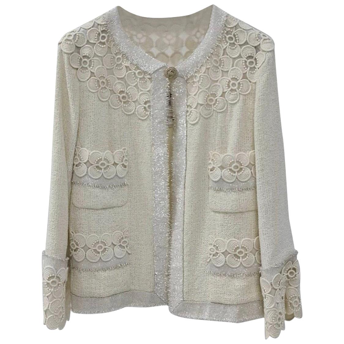 Chanel 11C Ecru Tweed Lace Camellia Jacket Gold CC logo Button For Sale at  1stDibs