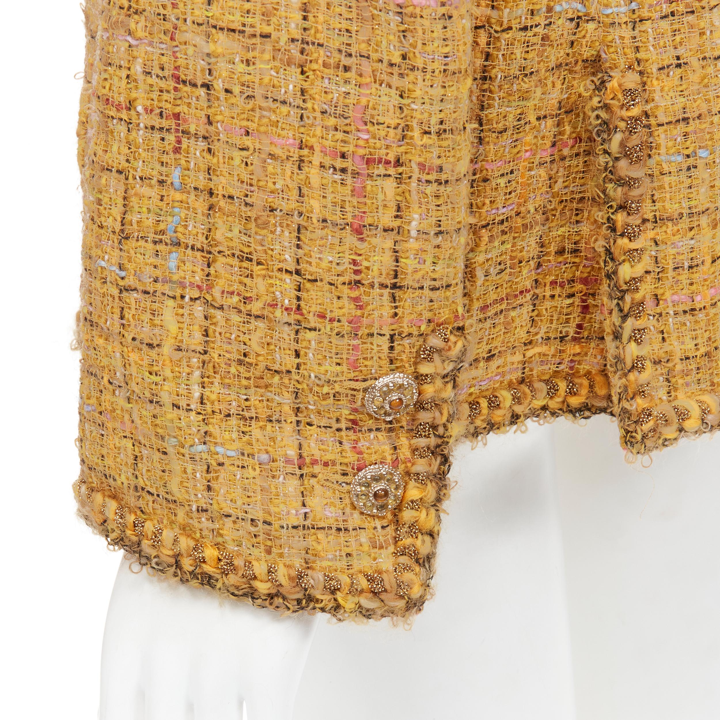 CHANEL 11C fold Fantasy Tweed braid trim 4-pocket blazer jacket FR42 L
Brand: Chanel
Designer: Karl Lagerfeld
Collection: 11C St Tropez 
Material: Wool
Color: Gold
Pattern: Solid
Closure: Button
Extra Detail: Fantasy Tweed in gold and multi pastel