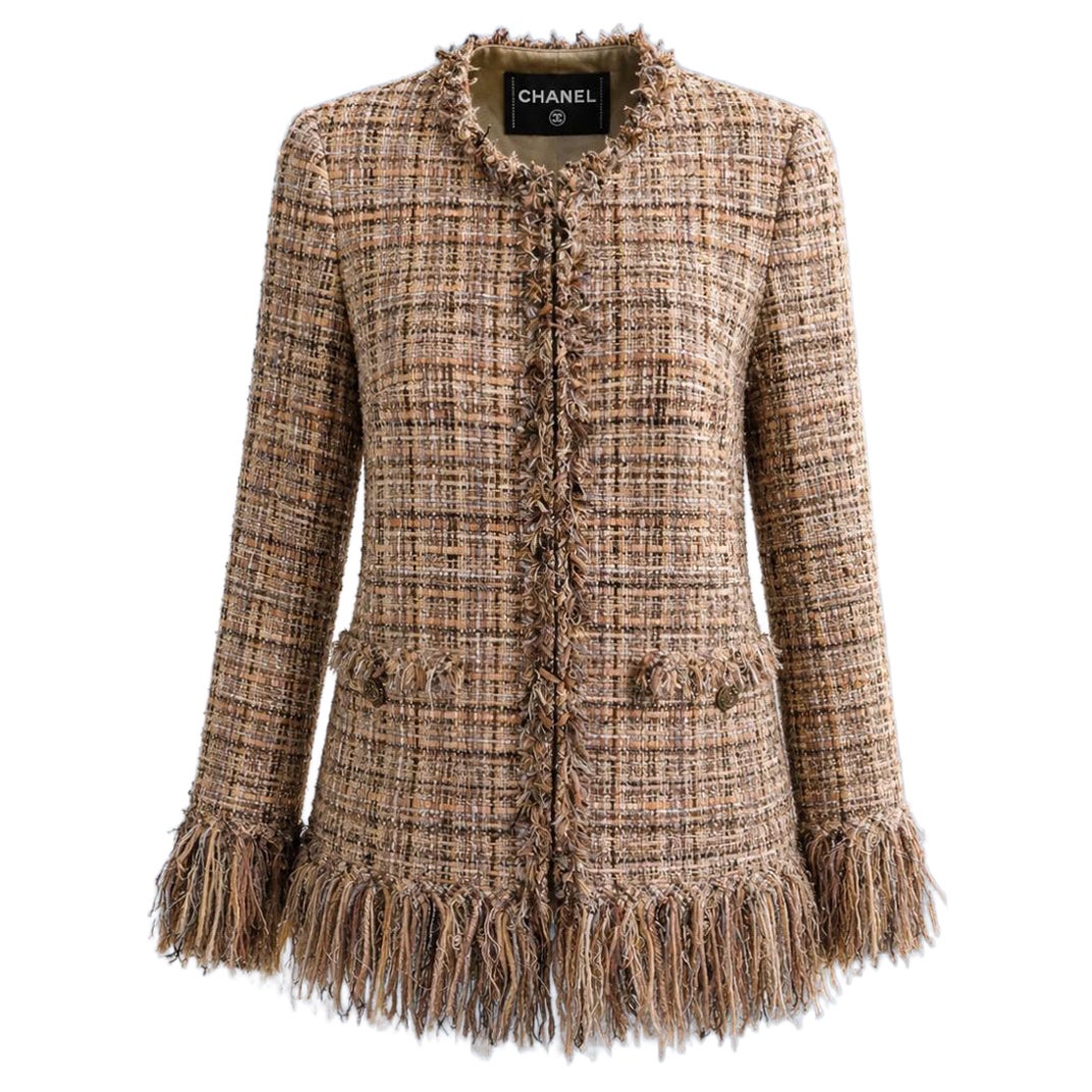 CHANEL 11K$ ARCTIC ICE Beige Ribbon Tweed & Suede Jacket 36 FR