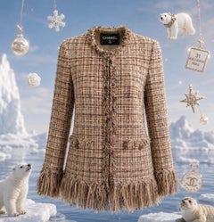 CHANEL 11K$ ARCTIC ICE Beige Ribbon Tweed & Suede Jacket 36 FR