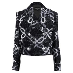 CHANEL 11K$ Black Tweed Jacket with Chain Link Pattern 34 FR CHANEL 11K$ Black Tweed Jacket with Chain Link Pattern 34 FR