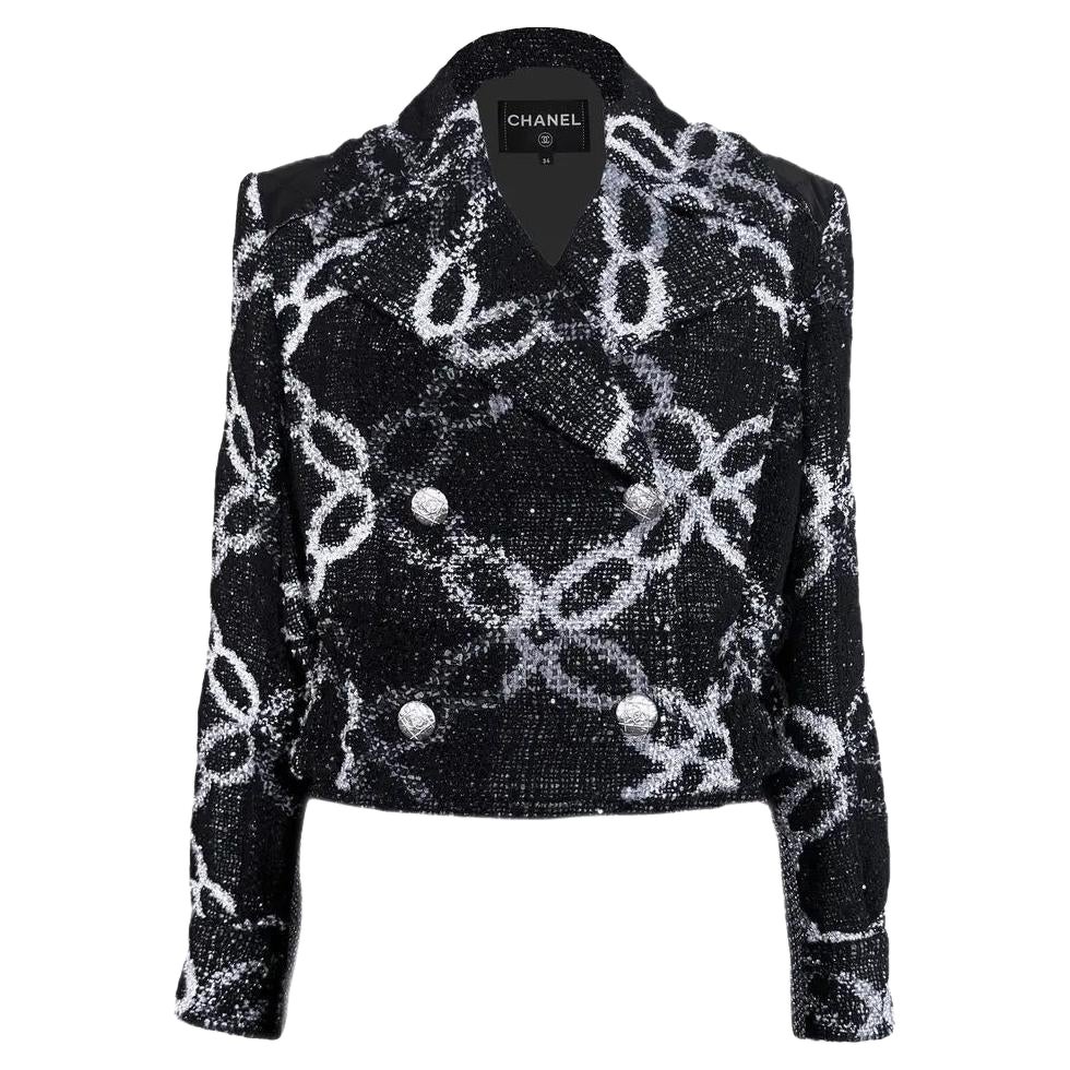 CHANEL 11K$ Black Tweed Jacket with Chain Link Pattern 34 FR