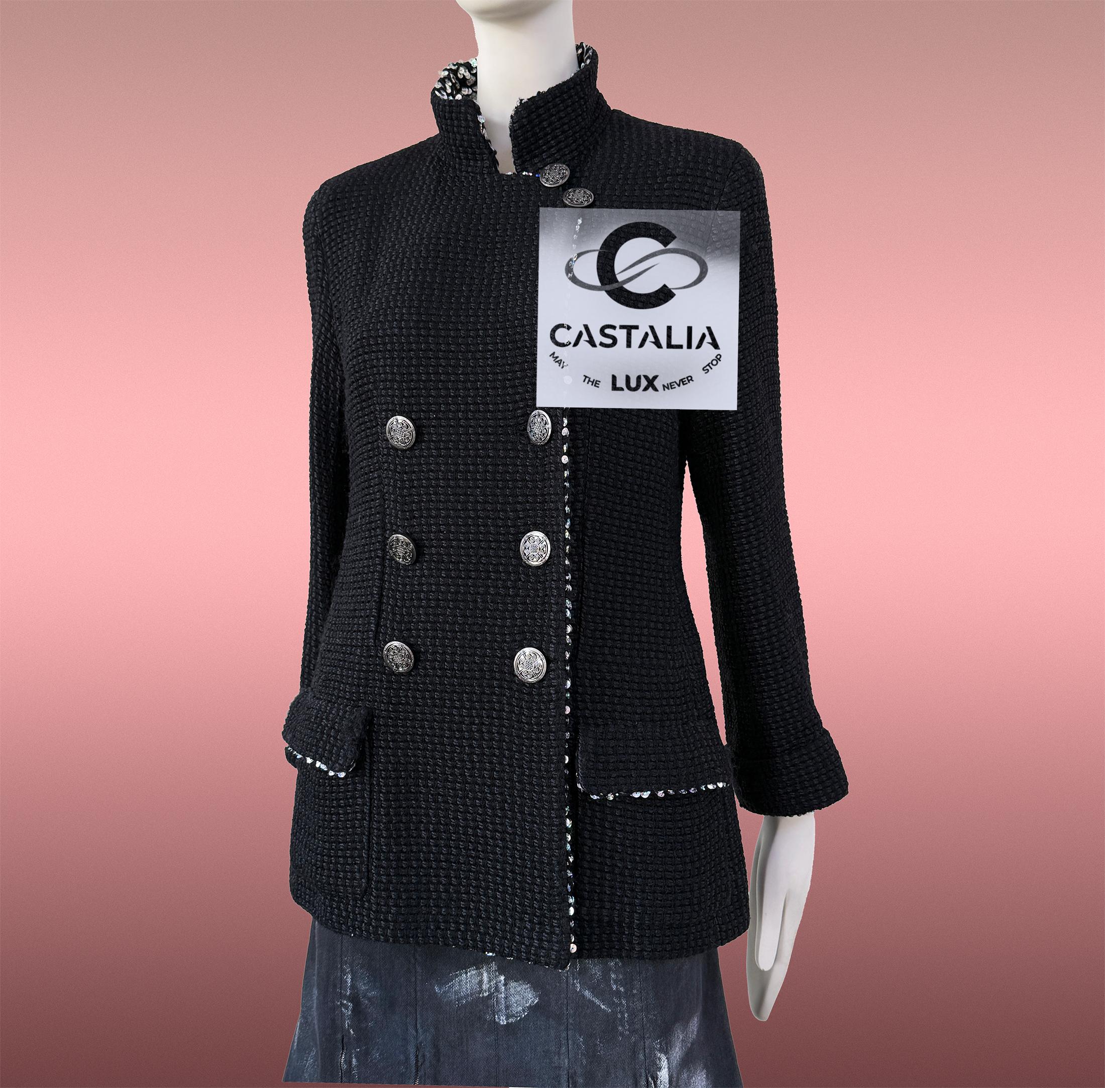 Giacca Chanel 11K$ in tweed nero con accenti di paillettes 40 FR in vendita 7