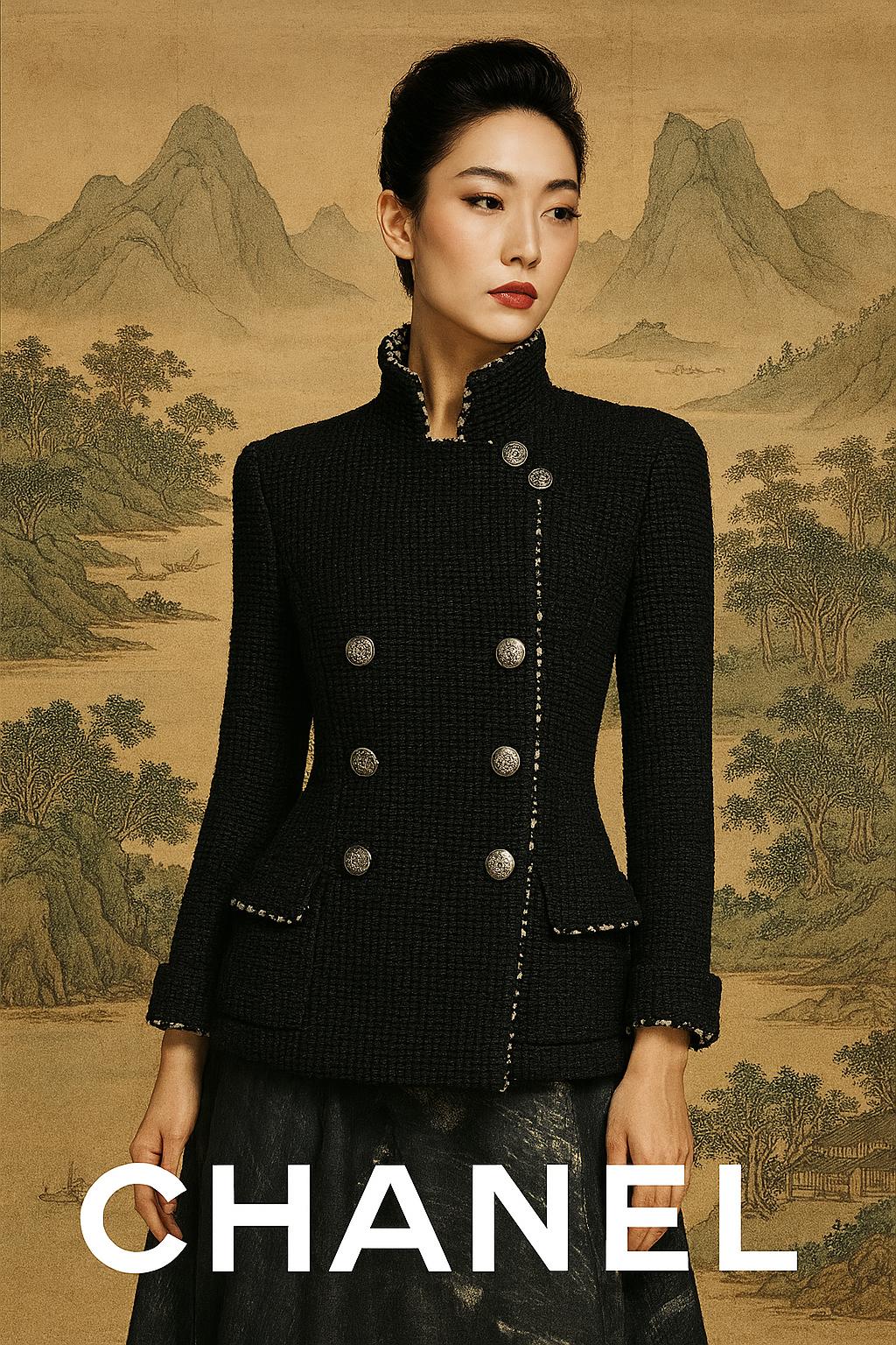 ~ Un prisma di ombre e riflessiu2028~ Dalla luminosa Paris / SHANGHAI Runway Collection ideata da Karl Lagerfeld, 
questa rara giacca Chanel è più che un capo d'abbigliamento: è un simbolo, una silhouette di trasformazione sospesa nel tweed e nella
