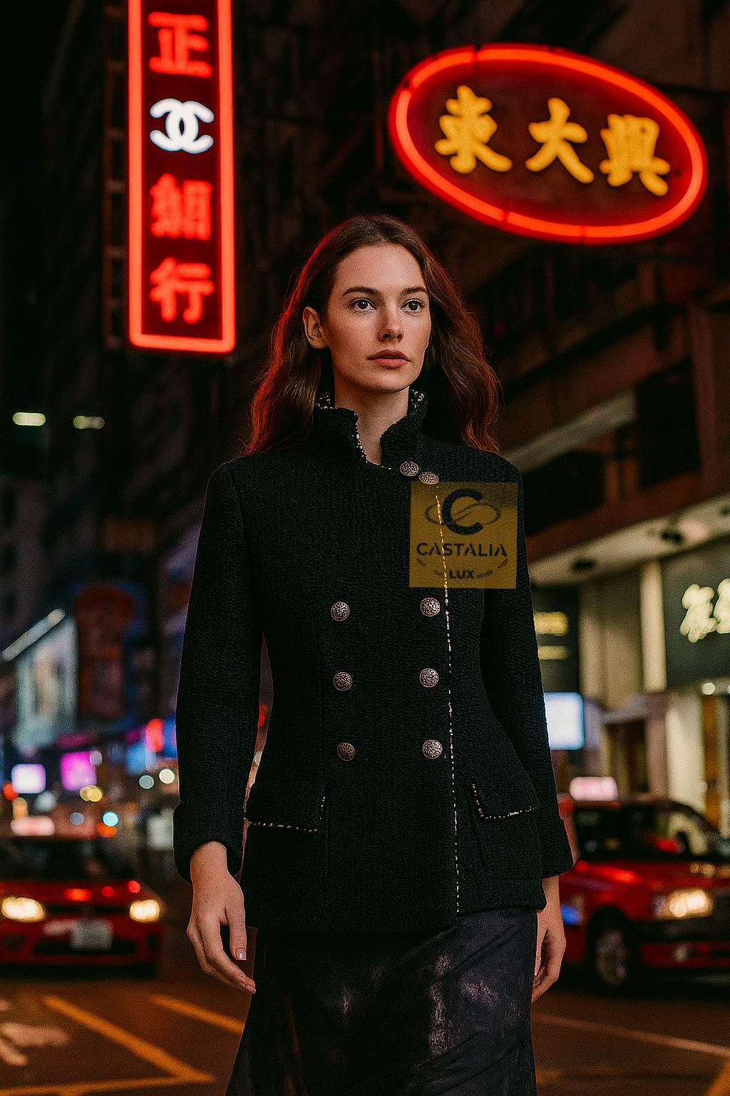 Giacca Chanel 11K$ in tweed nero con accenti di paillettes 40 FR in vendita 3