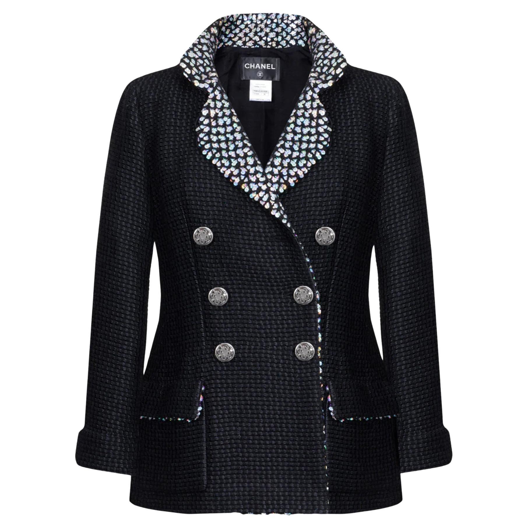 Giacca Chanel 11K$ in tweed nero con accenti di paillettes 40 FR