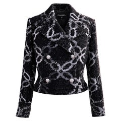 CHANEL 11K$ Collectible Black Tweed Jacket with Chain Link Pattern 34 FR