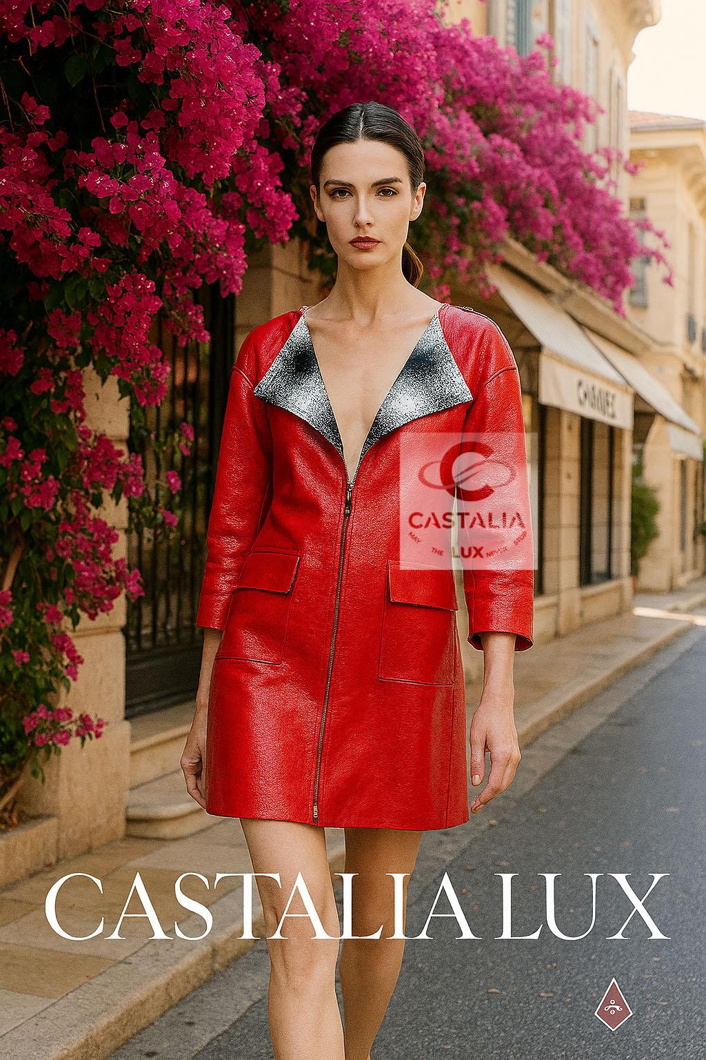 ~ Wie bei Rita Ora und anderen Ikonen des modernen Mythos gesehen 

~ Ursprünglich über 11.000 $ im Handel - Aus der Frühjahrs-Werbekampagne 2013 von Karl Lagerfeld ~u2028

~ Dieser leuchtend rote Ledermantel, der dem fieberhaften Genie von Karl