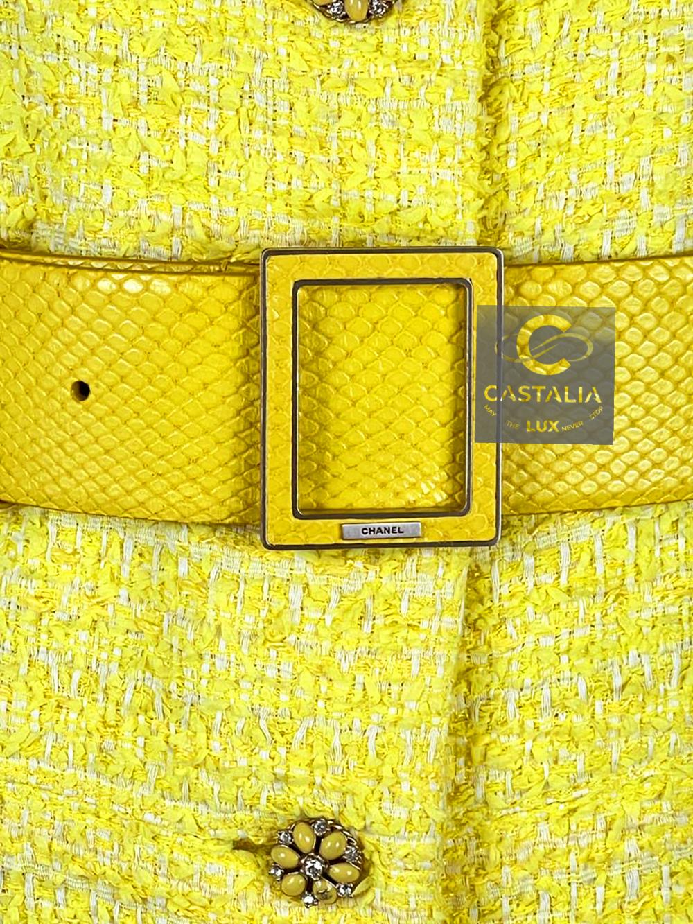 Chanel 11K$ New Iconic Yellow Tweed Dress with Belt 40 FR For Sale 5